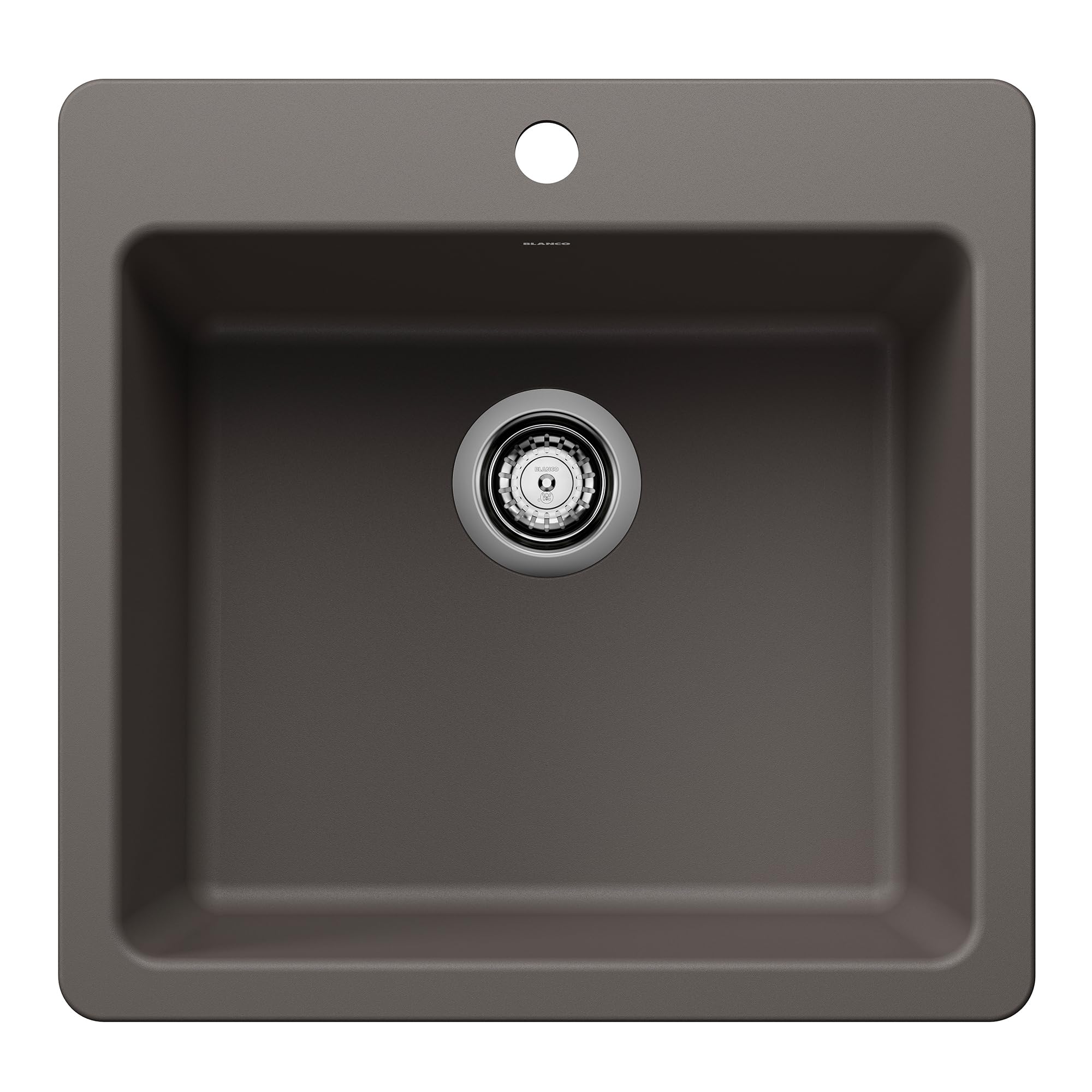 Volcano gray single bowl kitchen sink with chrome drain fitting and rounded corners, viewed from above.