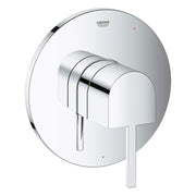 Chrome pressure balance valve trim with rounded escutcheon plate, lever handle, and Grohe branding.