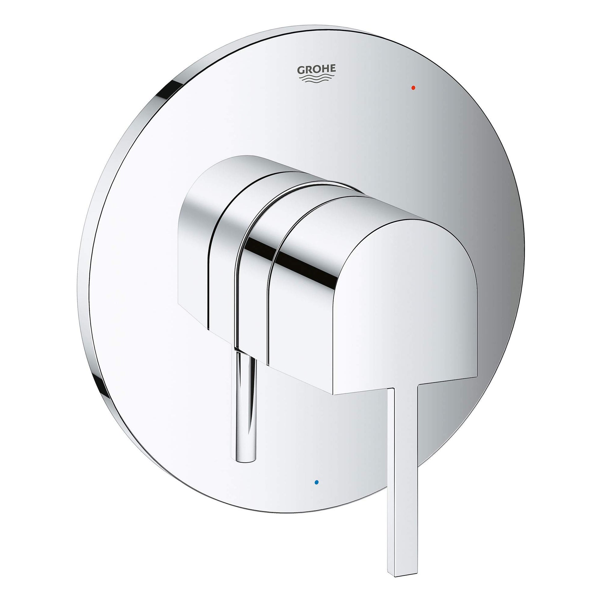 Chrome pressure balance valve trim with rounded escutcheon plate, lever handle, and Grohe branding.