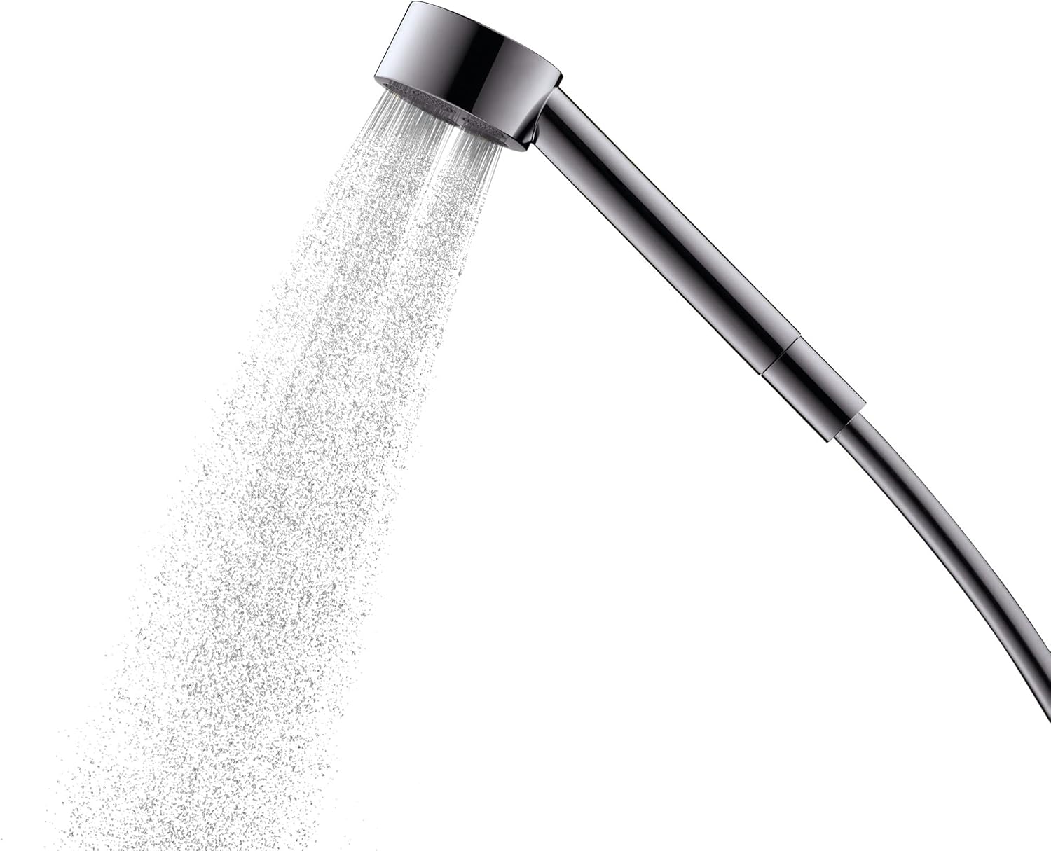 Brushed nickel handshower with cylindrical head dispensing water spray from single jet nozzle.