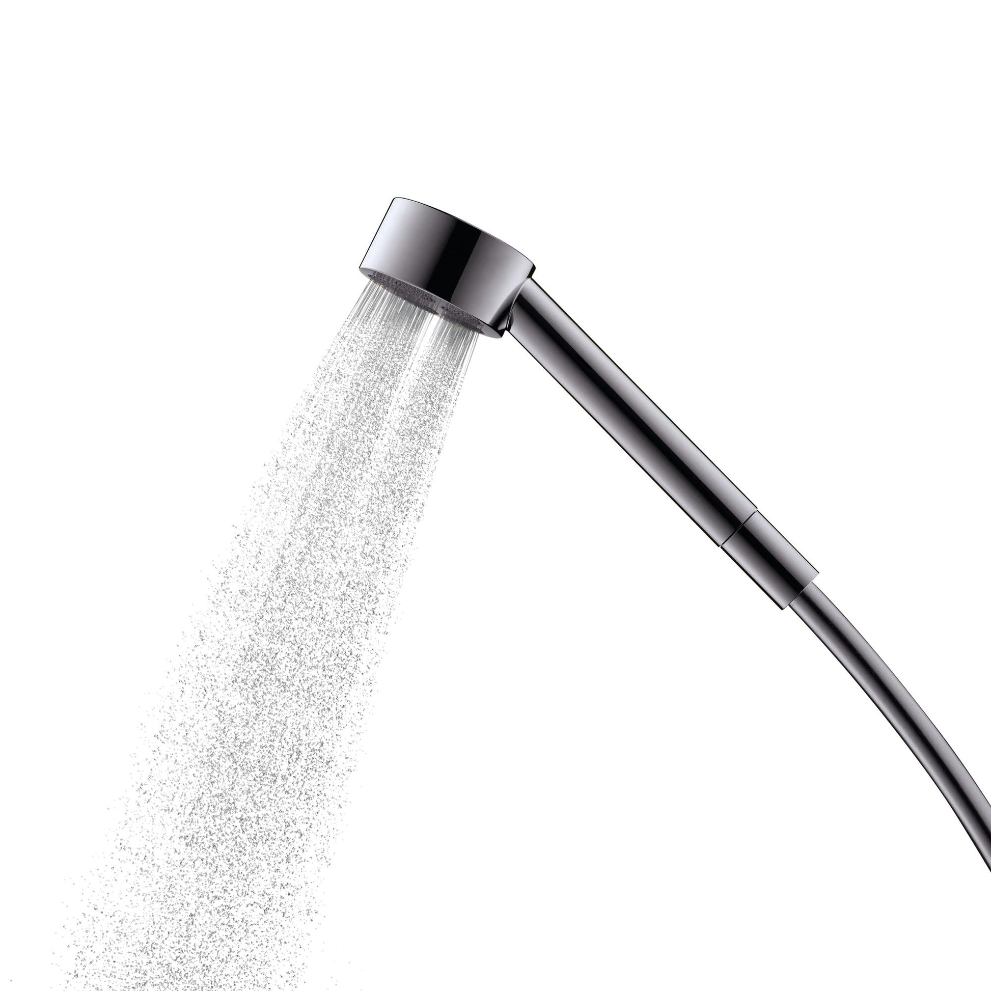 Brushed nickel handheld showerhead with single jet spray pattern and attached hose.