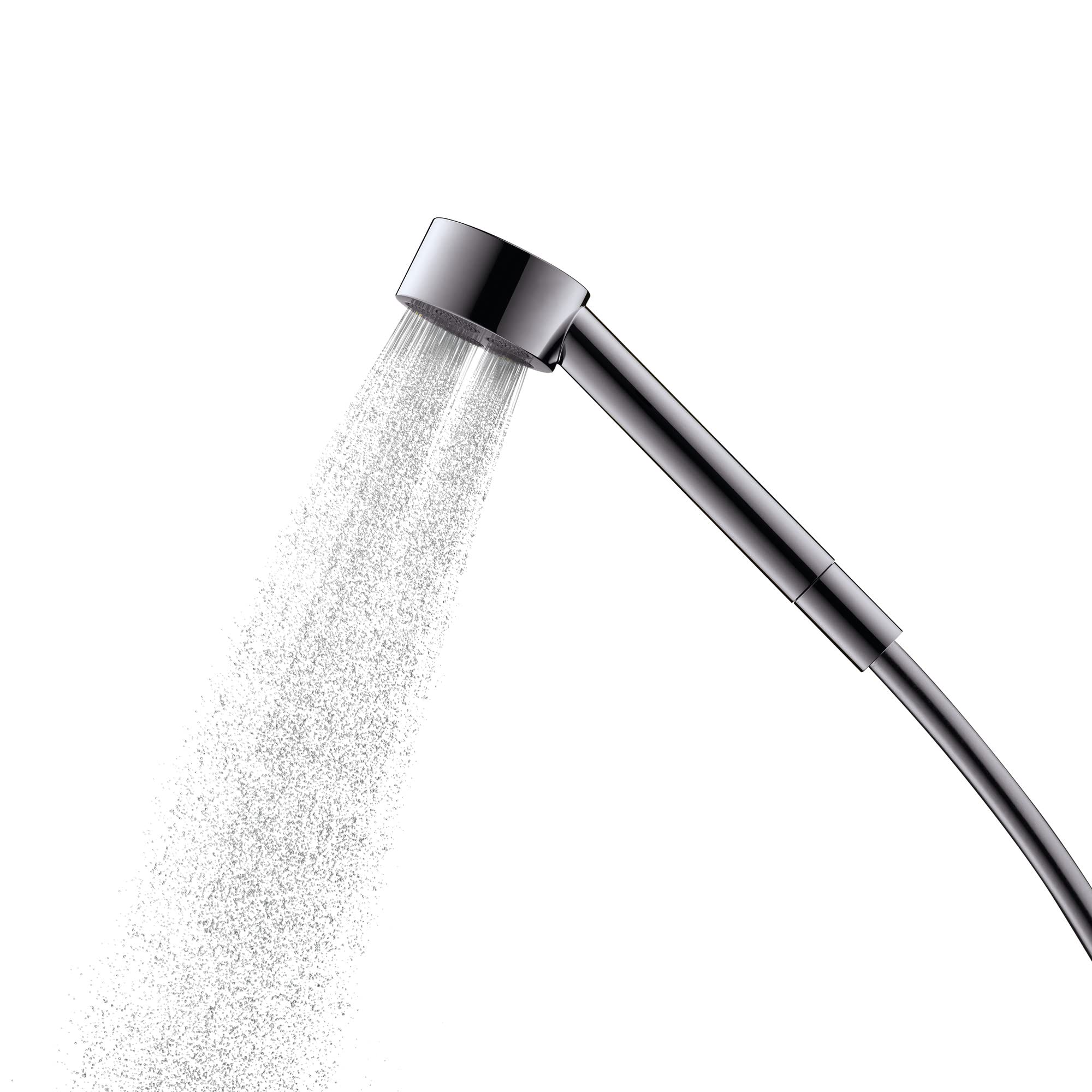 Brushed nickel handheld showerhead with single jet spray pattern and attached hose.