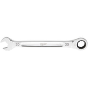 Milwaukee 30mm ratcheting combination wrench with open end on left and ratchet head on right.