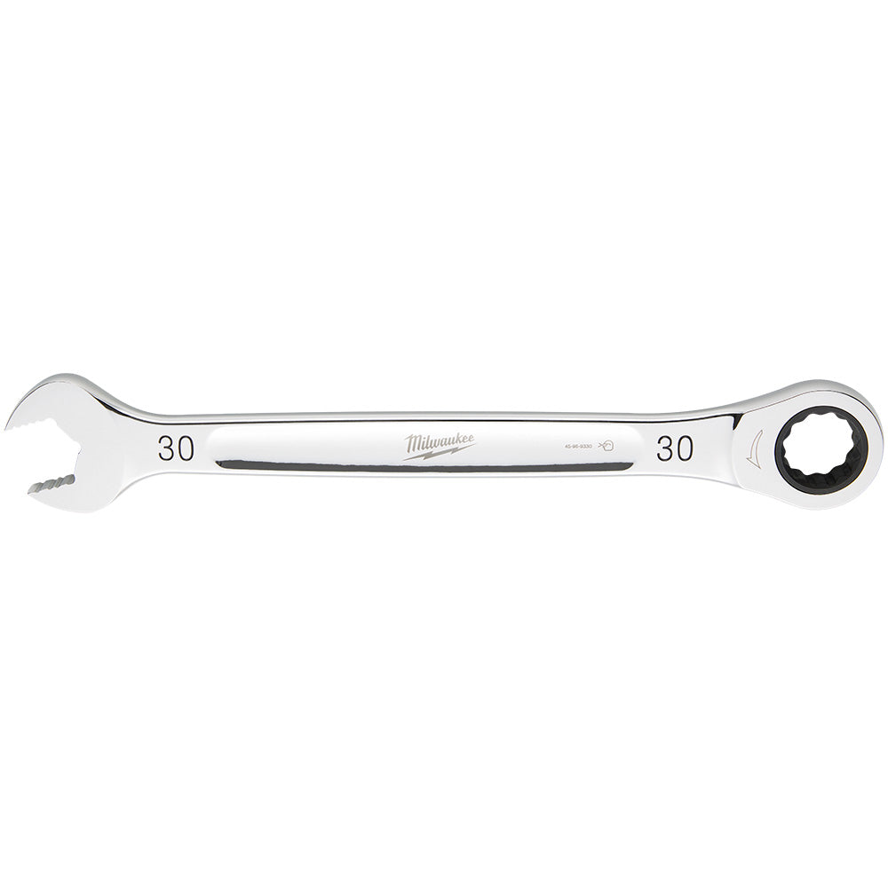 Milwaukee 30mm ratcheting combination wrench with open end on left and ratchet head on right.
