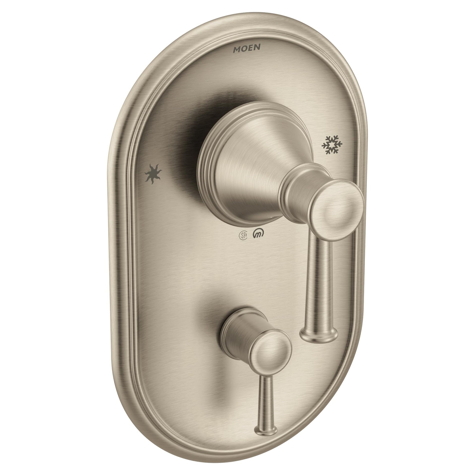 Brushed nickel shower valve trim with oval escutcheon plate, upper lever handle, and lower diverter knob.