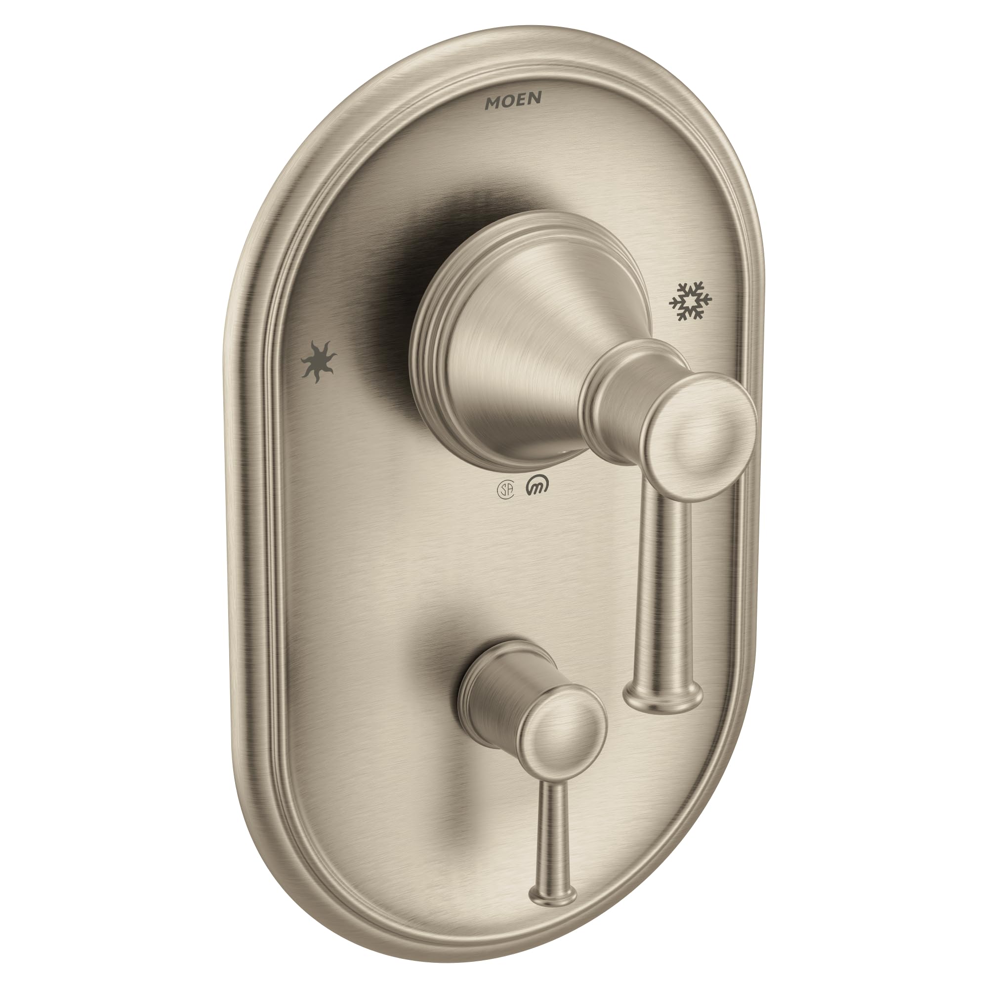 Brushed nickel shower valve trim with oval escutcheon plate, upper lever handle, and lower diverter knob.