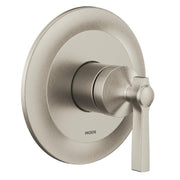 Brushed nickel single-handle shower trim with round escutcheon plate and lever handle.
