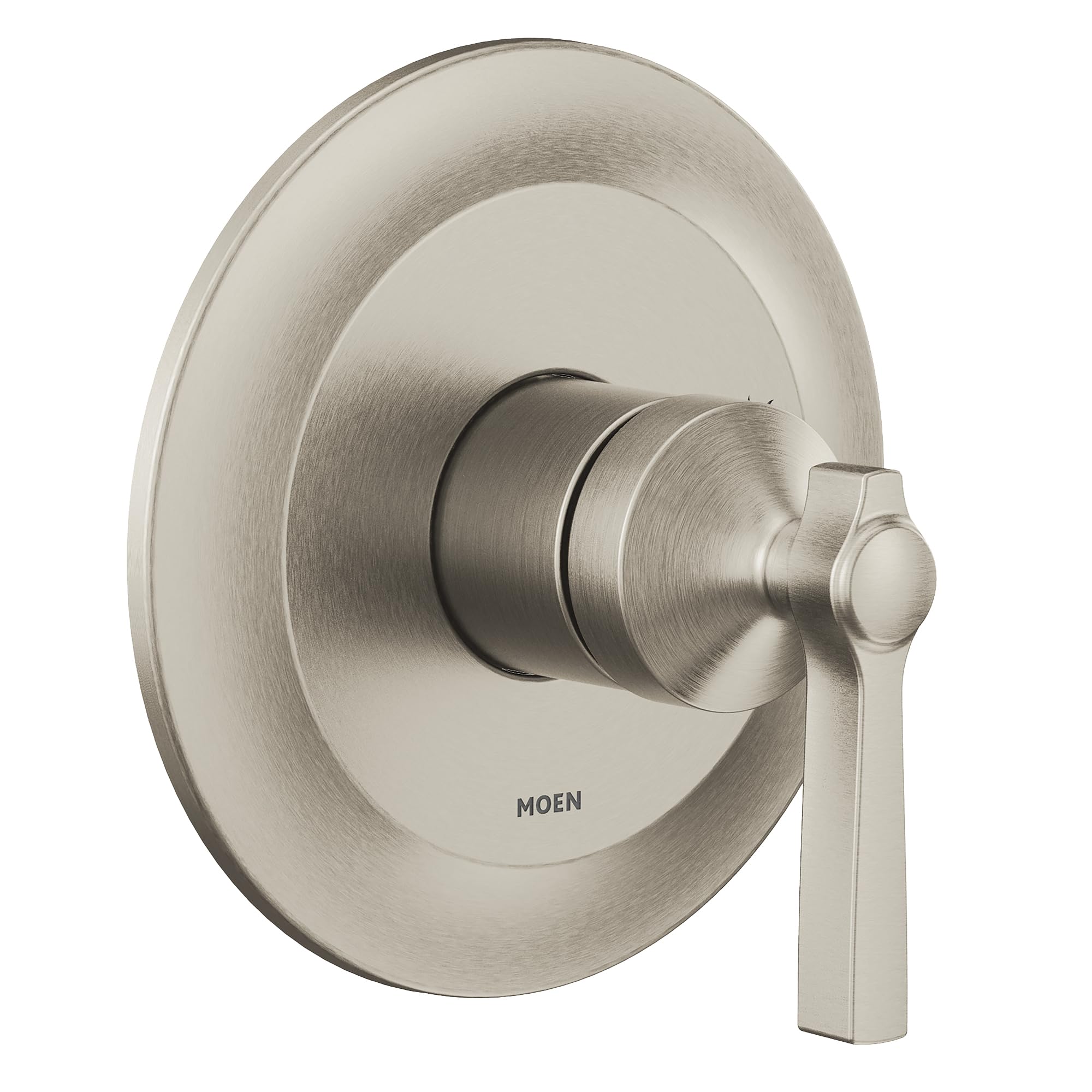 Brushed nickel single-handle shower trim with round escutcheon plate and lever handle.