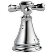Chrome bathroom faucet with two cross handles and bell-shaped base for deck mount installation.