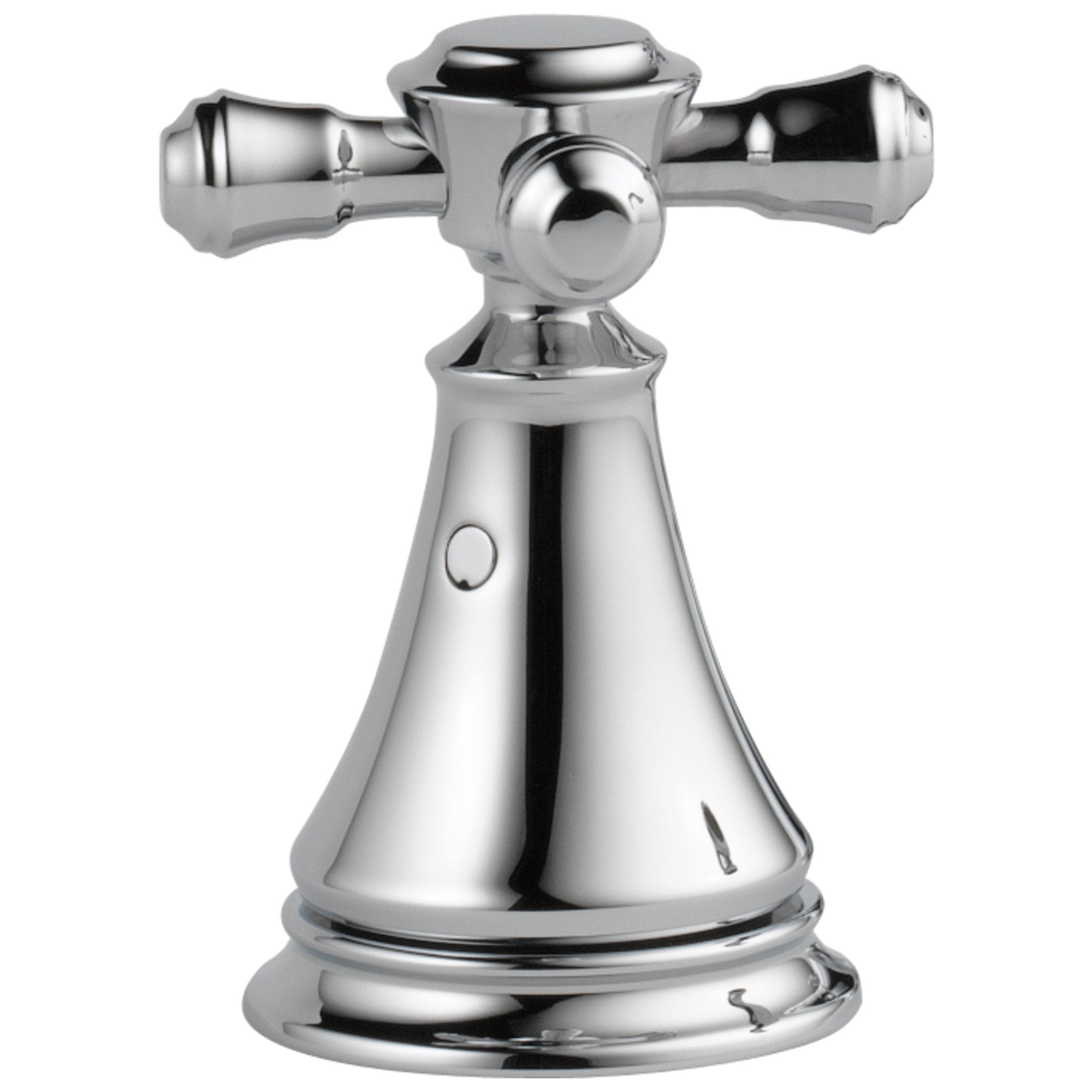 Chrome bathroom faucet with two cross handles and bell-shaped base for deck mount installation.
