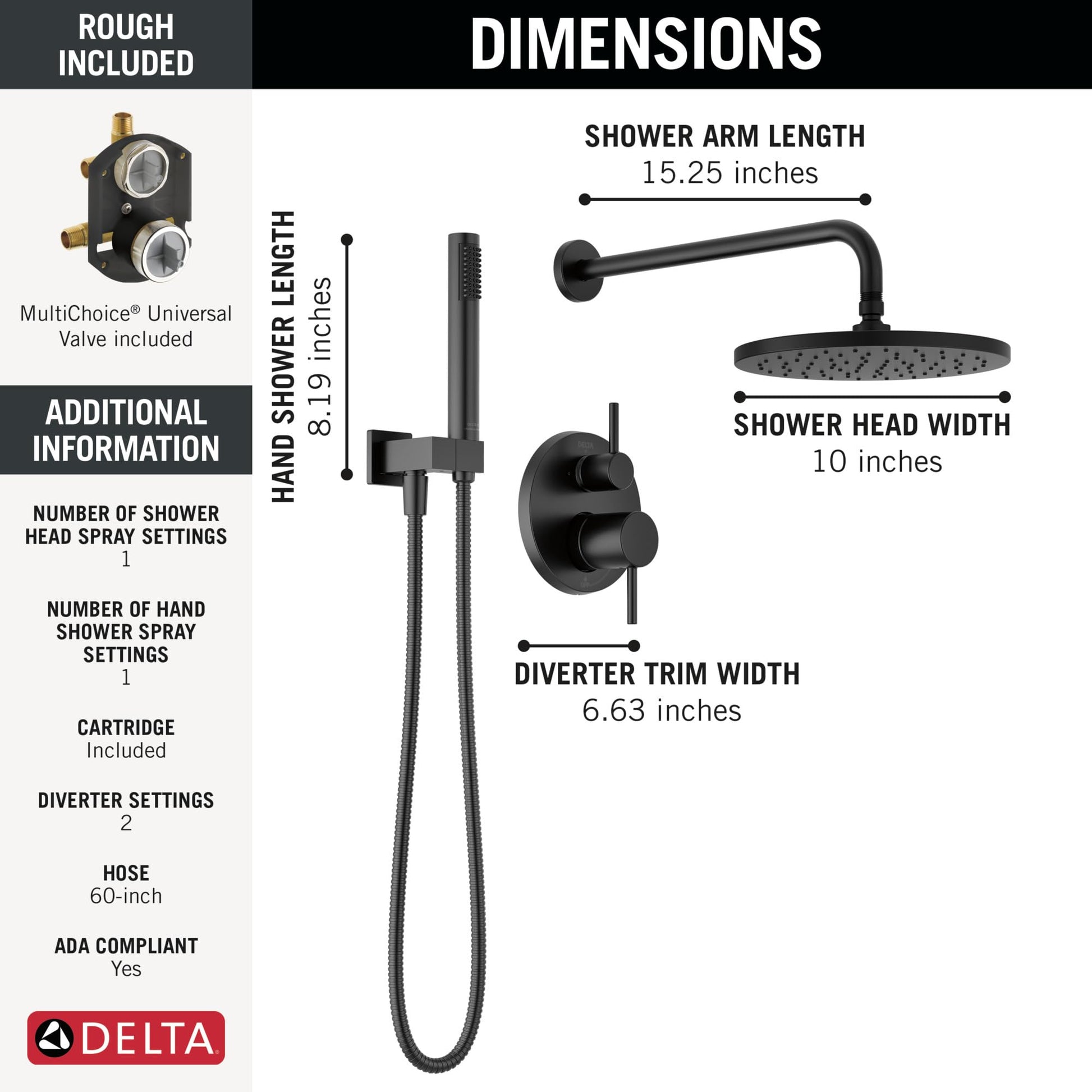 Matte black shower system with 10-inch raincan head, hand shower, curved arm, and wall-mounted diverter valve.