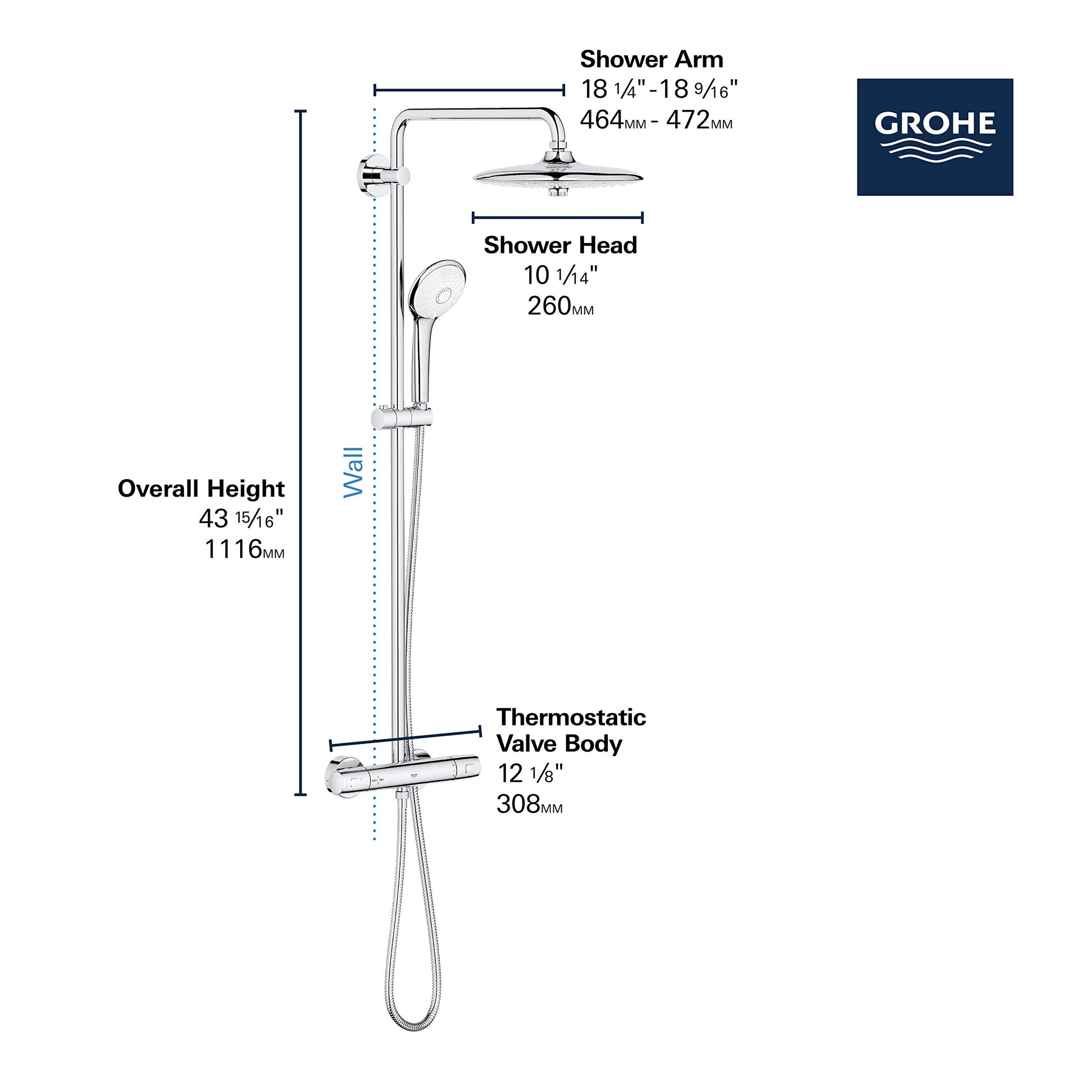 Grohe Euphoria thermostatic shower system with wall-mounted arm, overhead shower head, and handheld sprayer in brushed nickel