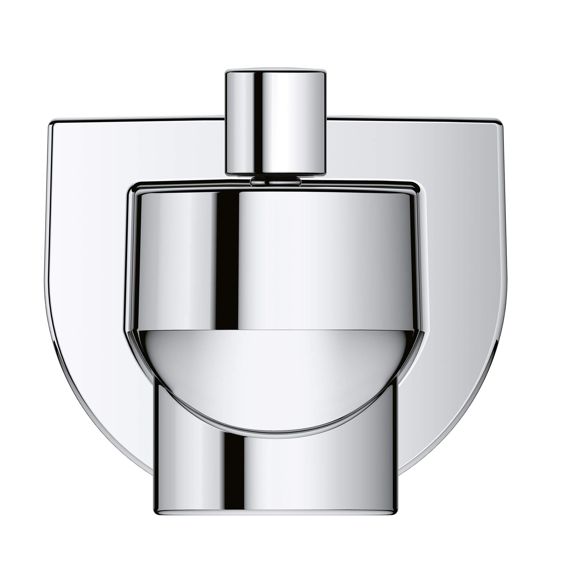 Chrome diverter tub spout with cylindrical body and curved outlet, shown from front view.