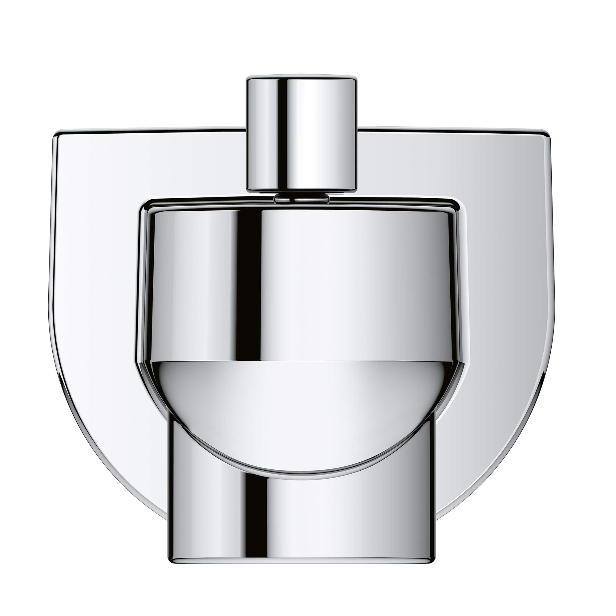Chrome diverter tub spout with cylindrical body and curved outlet, shown from front view.