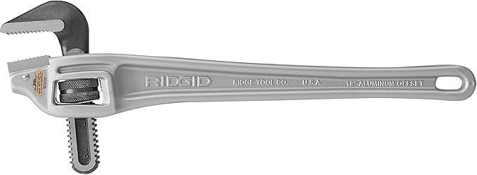 RIDGID 18 inch aluminum offset pipe wrench with adjustable jaw and serrated grip surfaces.