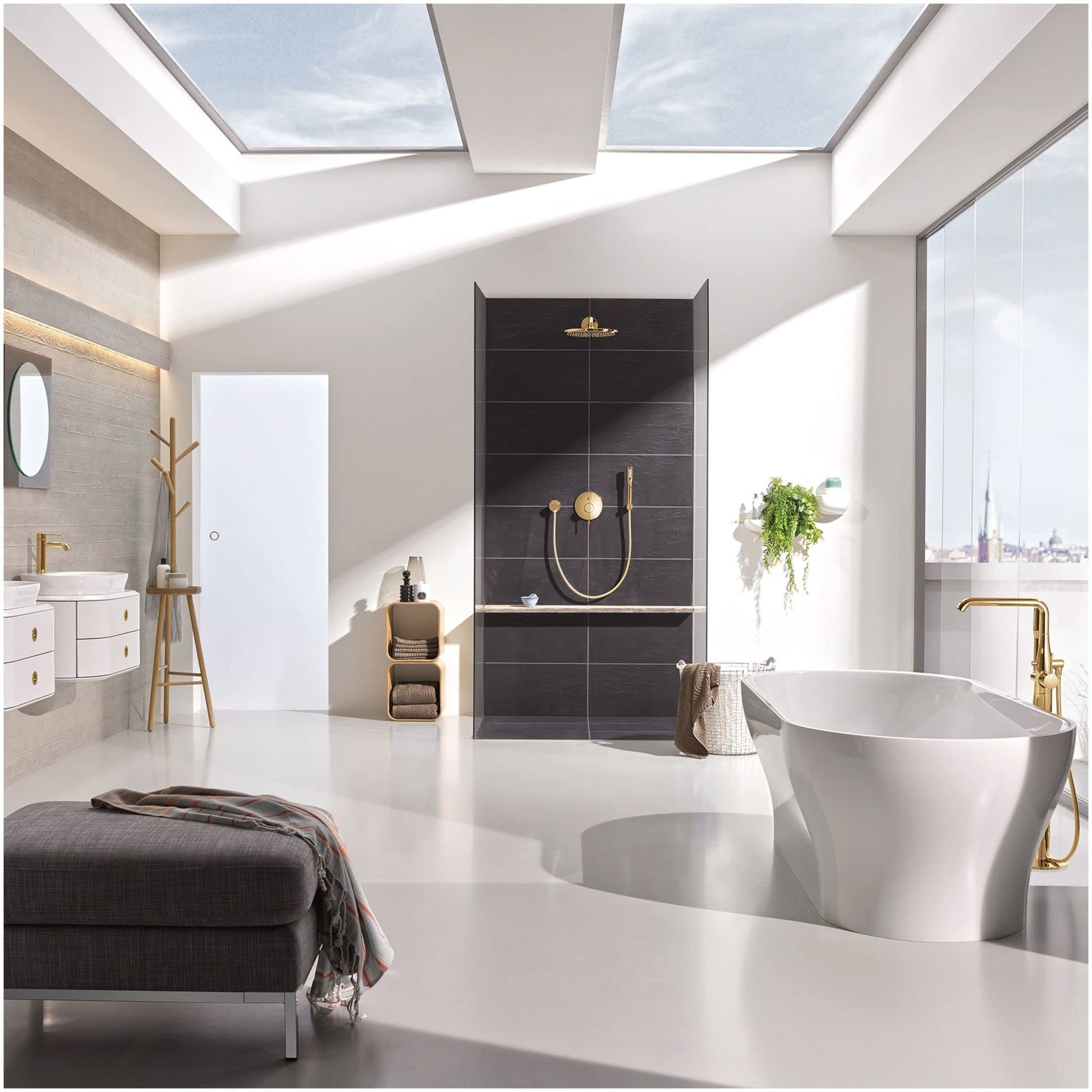 Matte black circular towel ring mounted on white bathroom wall near bathtub.