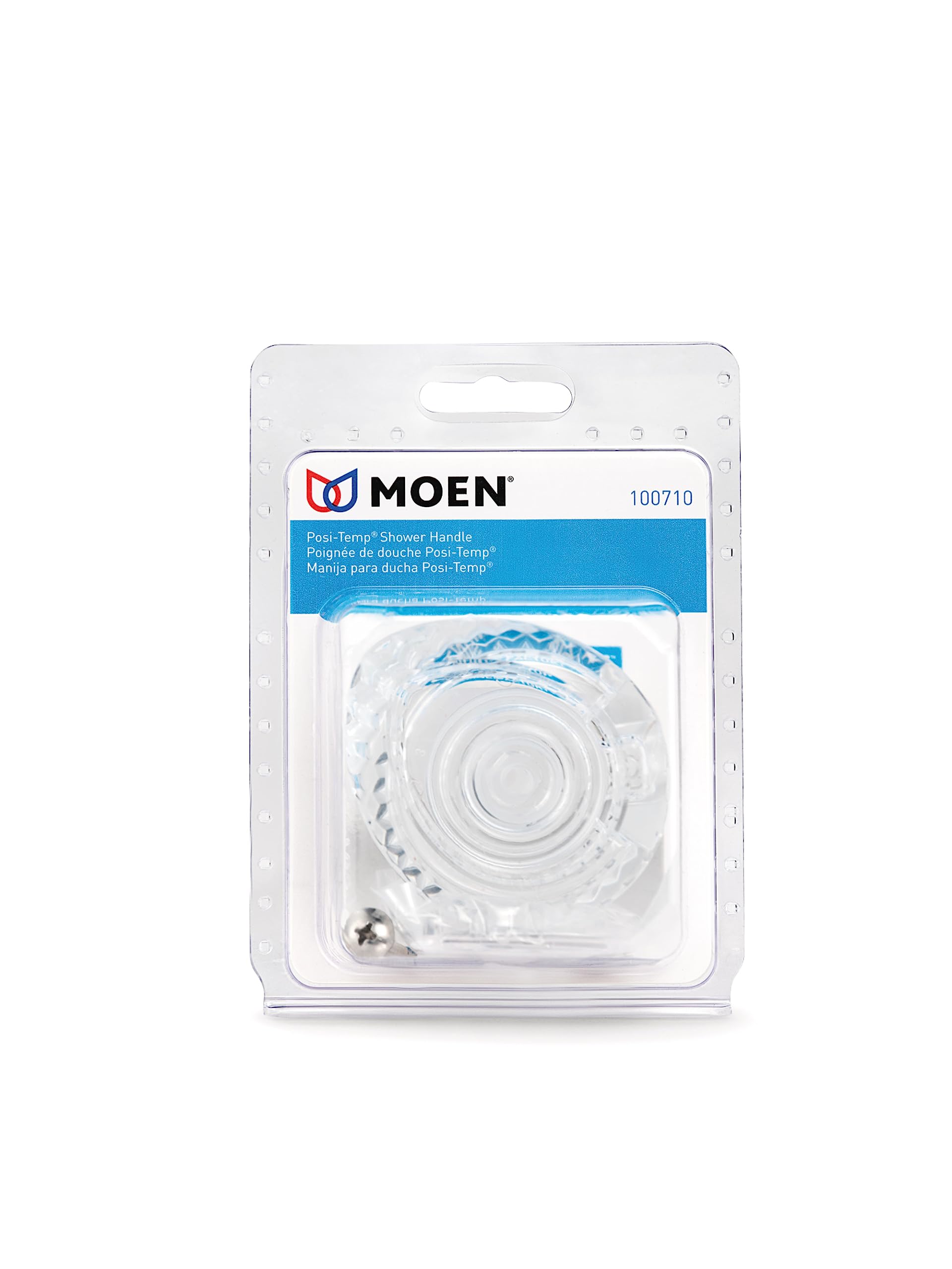 Clear plastic Moen Posi-Temp shower handle with circular knob design in original packaging.