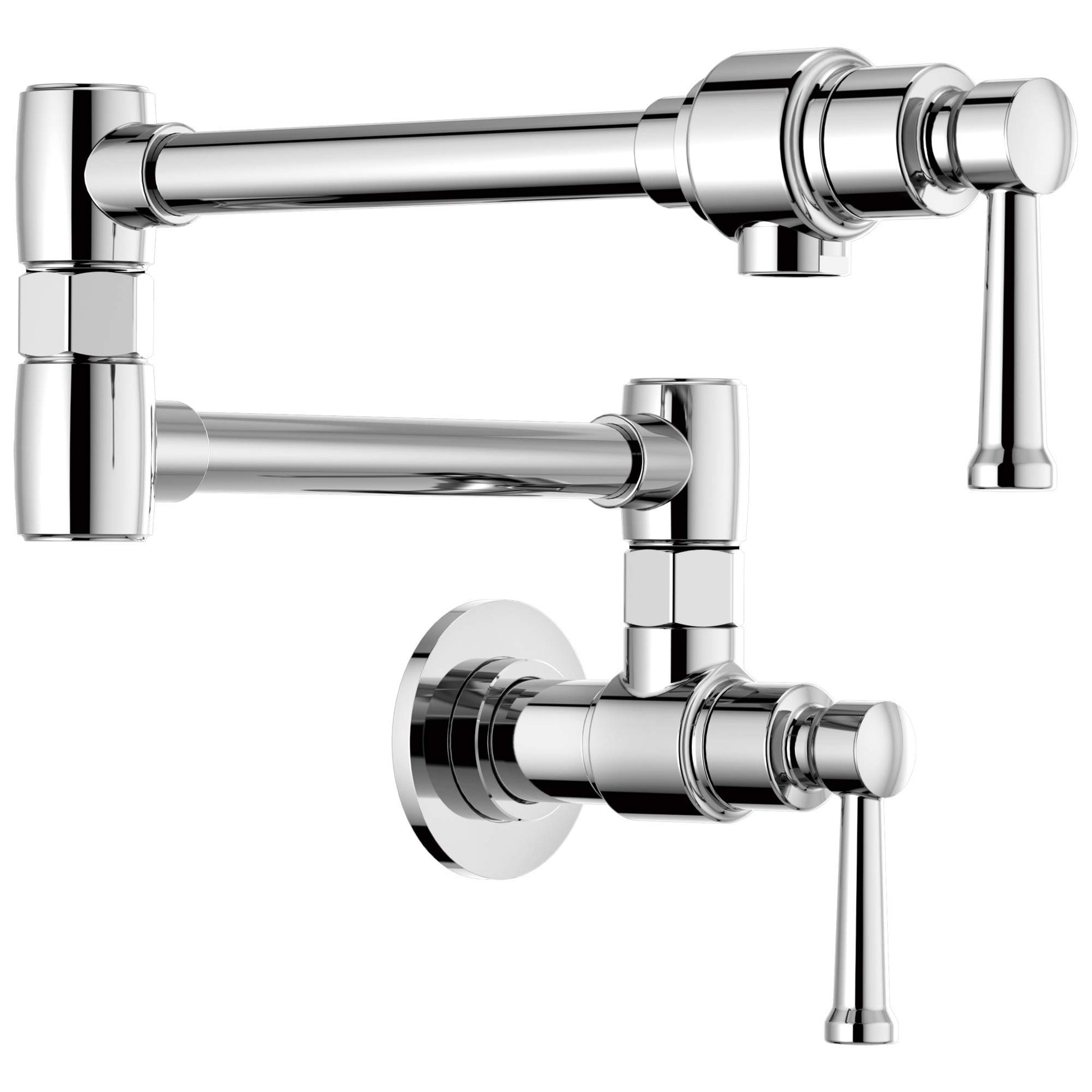 Polished chrome wall-mounted pot filler faucet with articulating arm and dual lever handles.