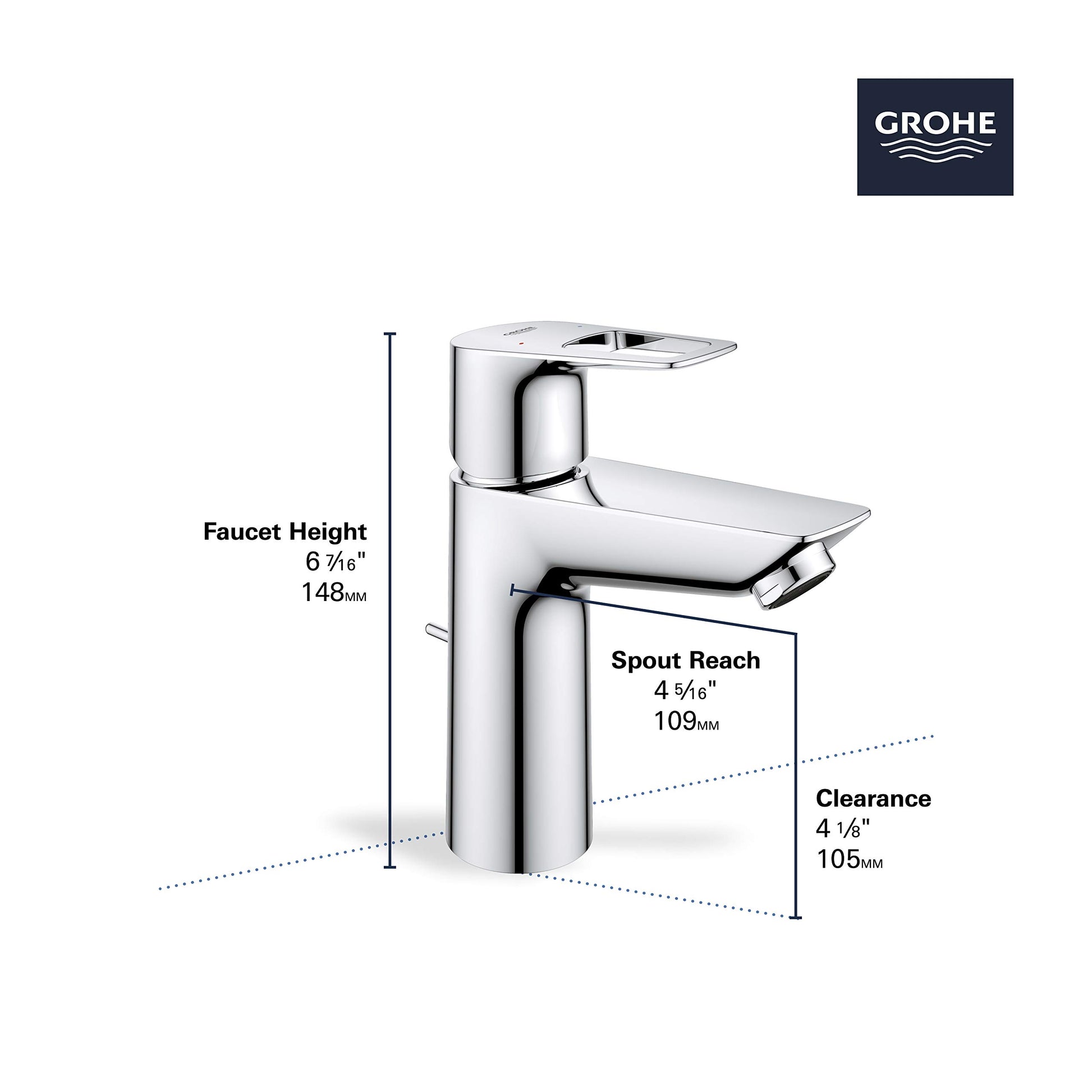 Chrome single-handle bathroom faucet with curved spout and rounded body, shown with dimension specifications.