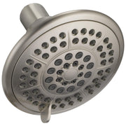 Stainless steel raincan shower head with multiple spray holes arranged in concentric circles and adjustable arm.
