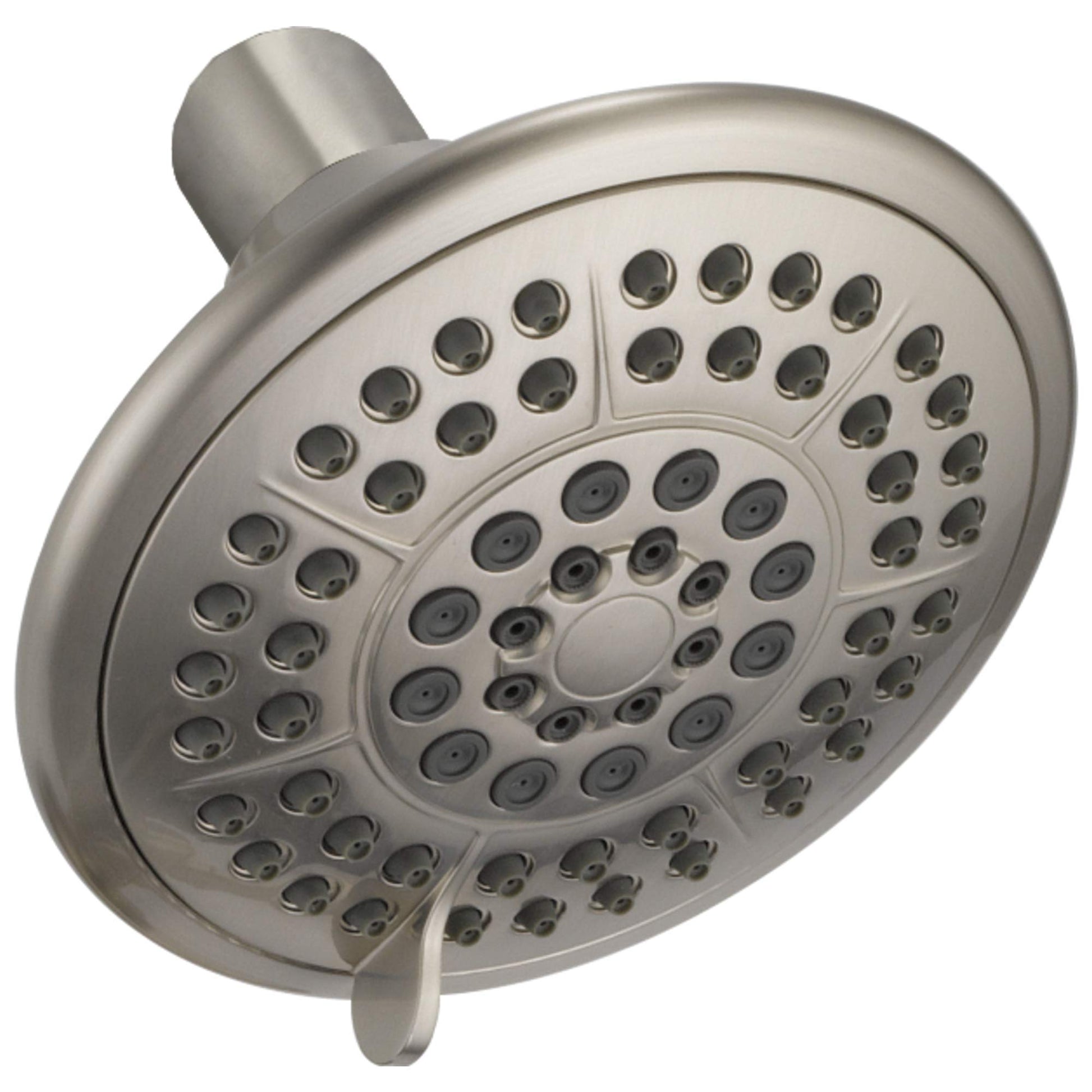 Stainless steel raincan shower head with multiple spray holes arranged in concentric circles and adjustable arm.