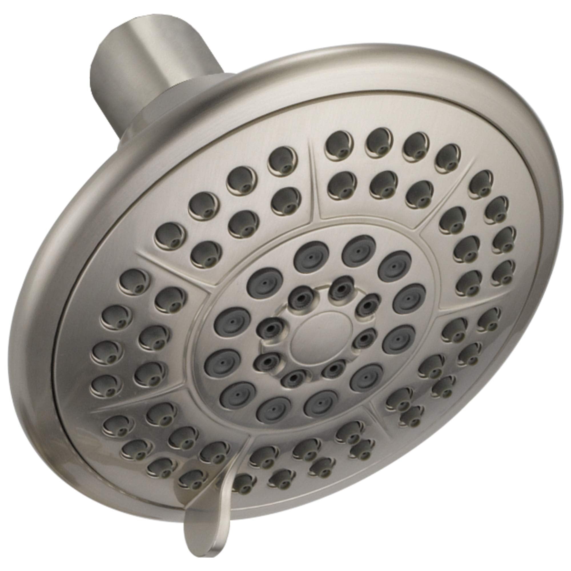 Stainless steel raincan shower head with multiple spray holes arranged in concentric circles and adjustable arm.
