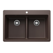 Cafe-colored dual mount sink with two equal basins separated by low divider and chrome drains.