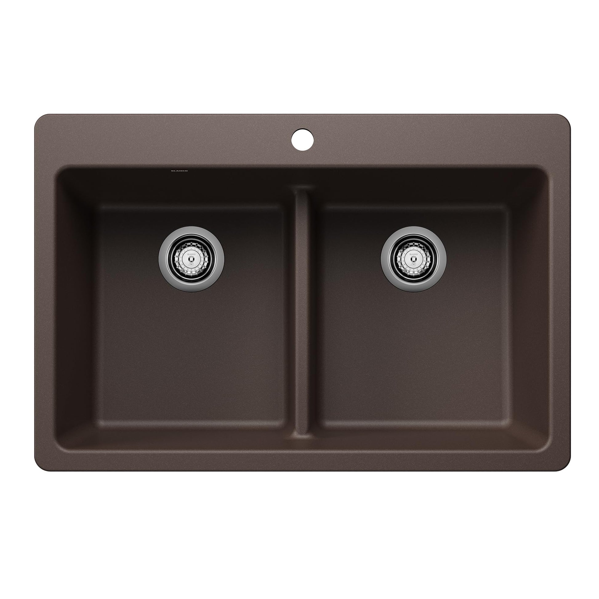 Cafe-colored dual mount sink with two equal basins separated by low divider and chrome drains.