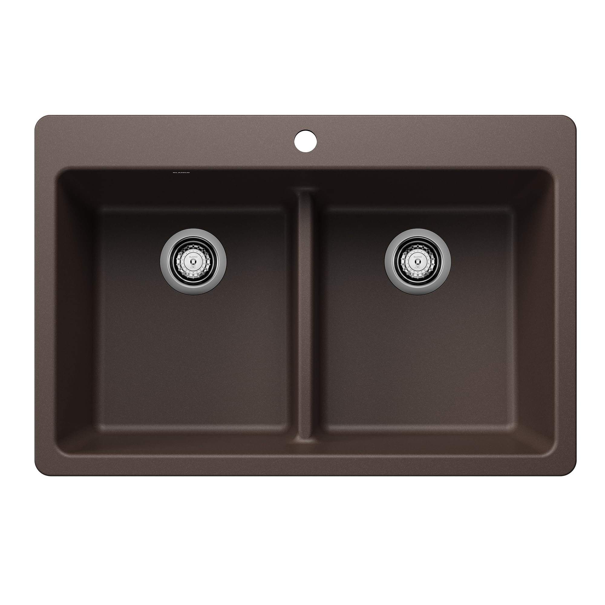 Cafe-colored dual mount sink with two equal basins separated by low divider and chrome drains.