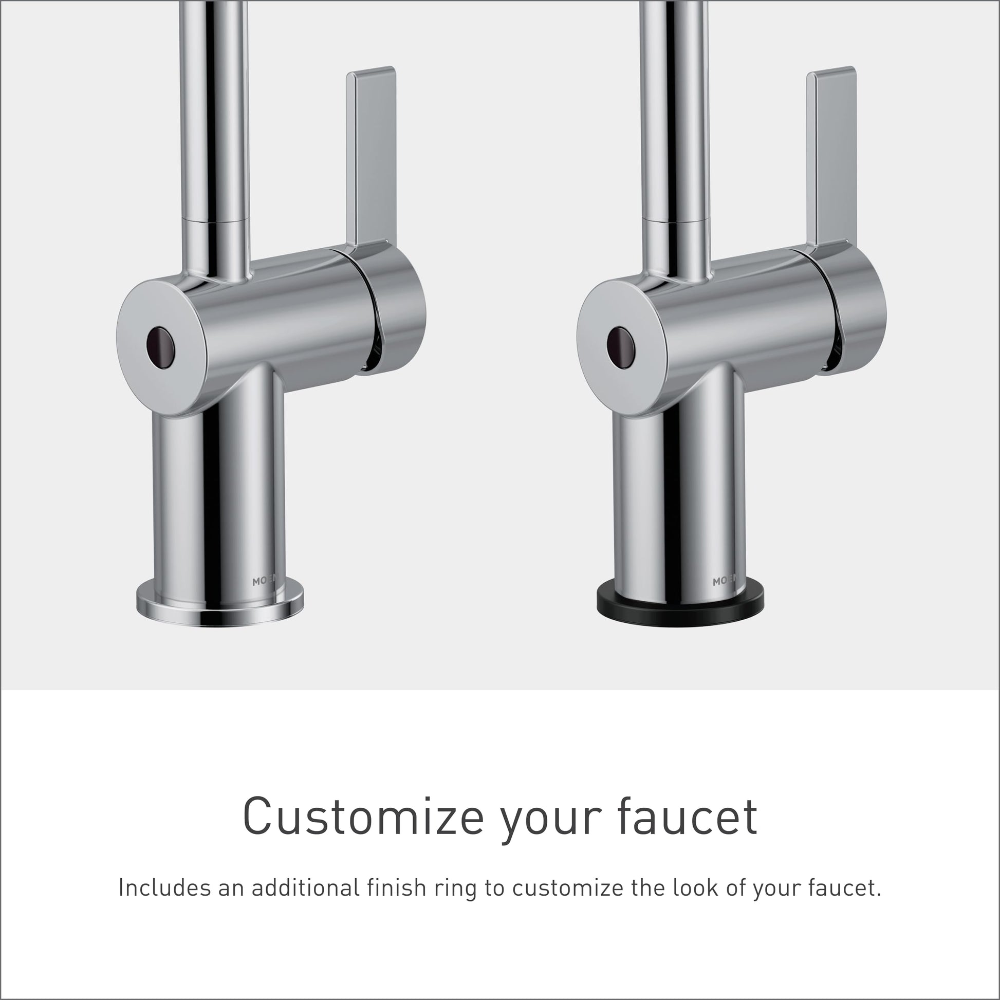 Chrome pulldown kitchen faucet with single handle and sensor activation, shown with optional finish ring accents.