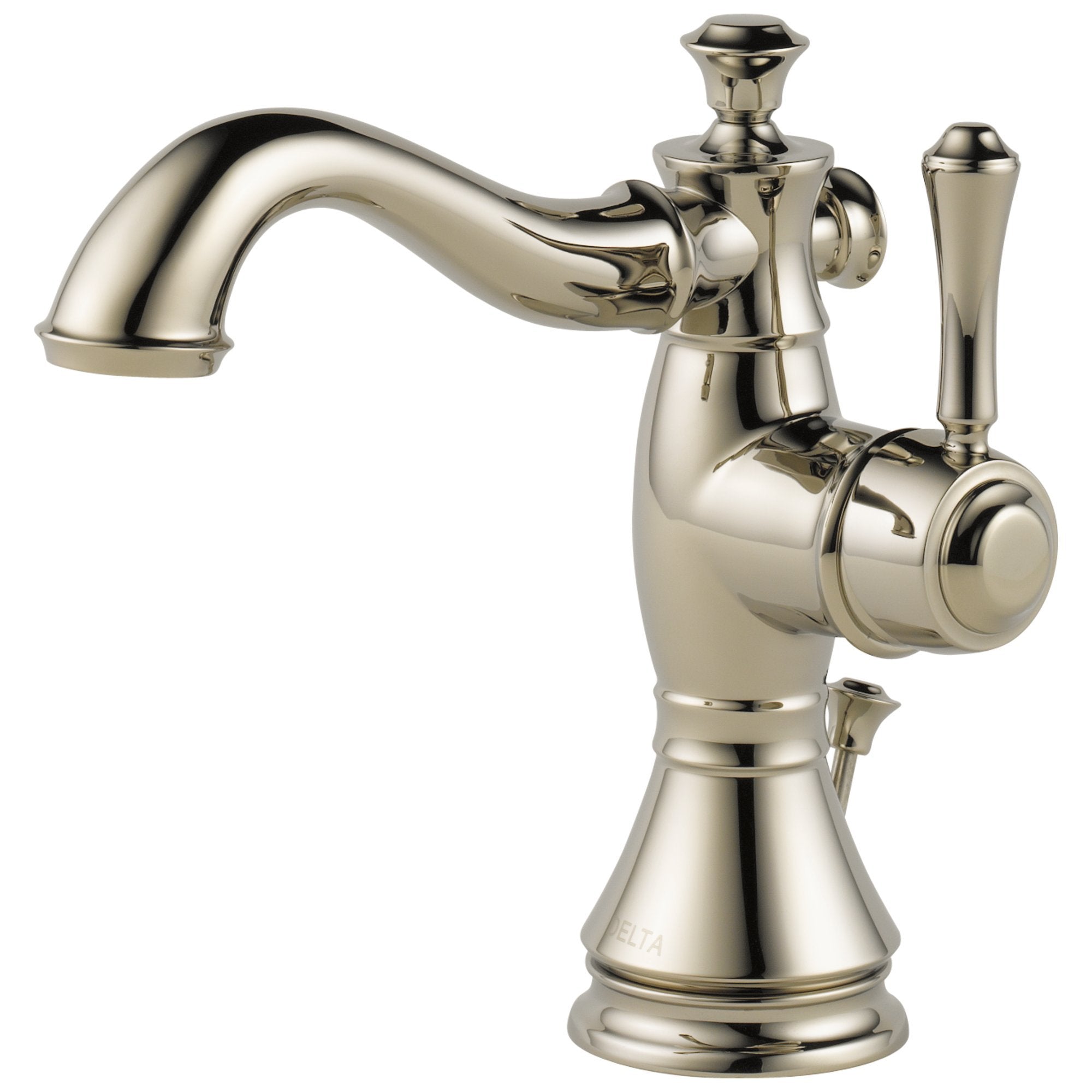 Polished nickel single-handle bathroom faucet with curved spout, decorative handles, and pop-up drain assembly.