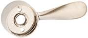 Stainless steel faucet handle assembly with rounded escutcheon plate and lever handle.