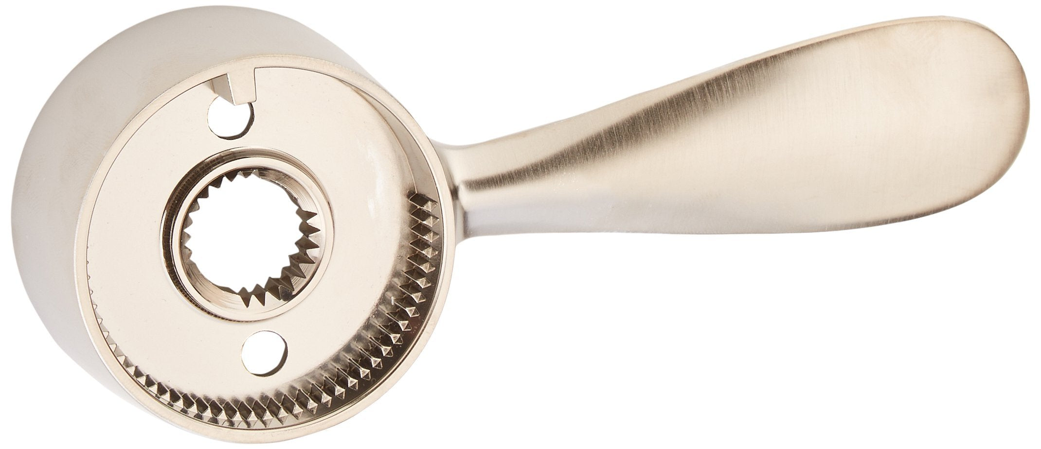 Stainless steel faucet handle assembly with rounded escutcheon plate and lever handle.