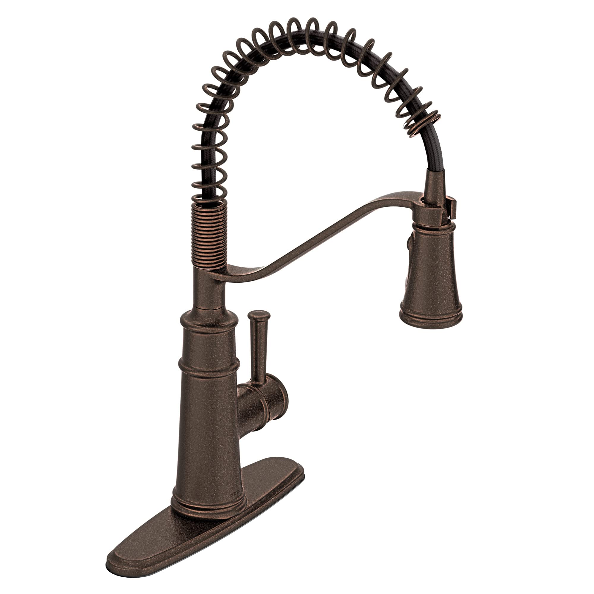 Oil rubbed bronze kitchen faucet with coiled spring spout, single handle, and base plate.