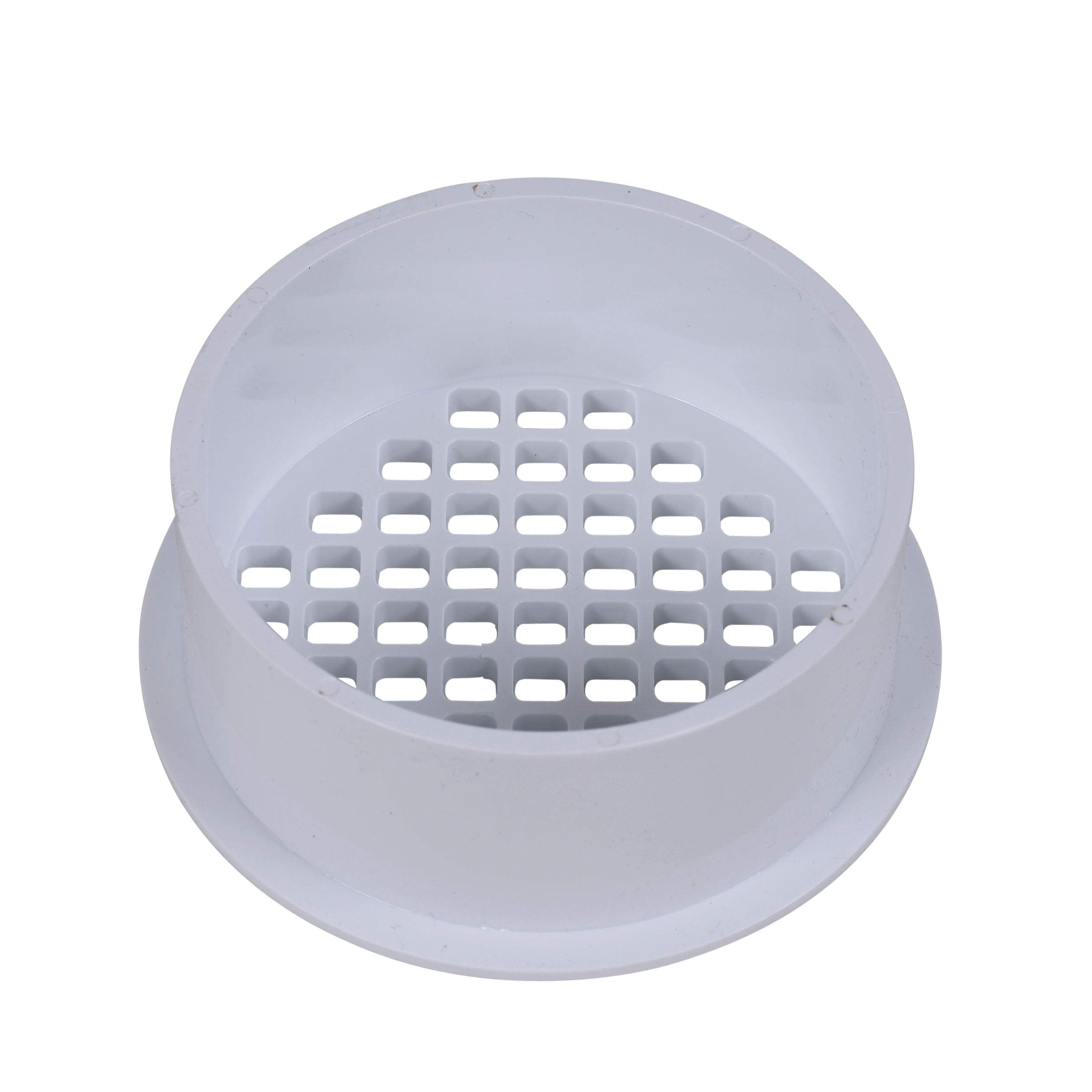 White PVC snap-in floor drain with 4-inch diameter and rectangular grate pattern.