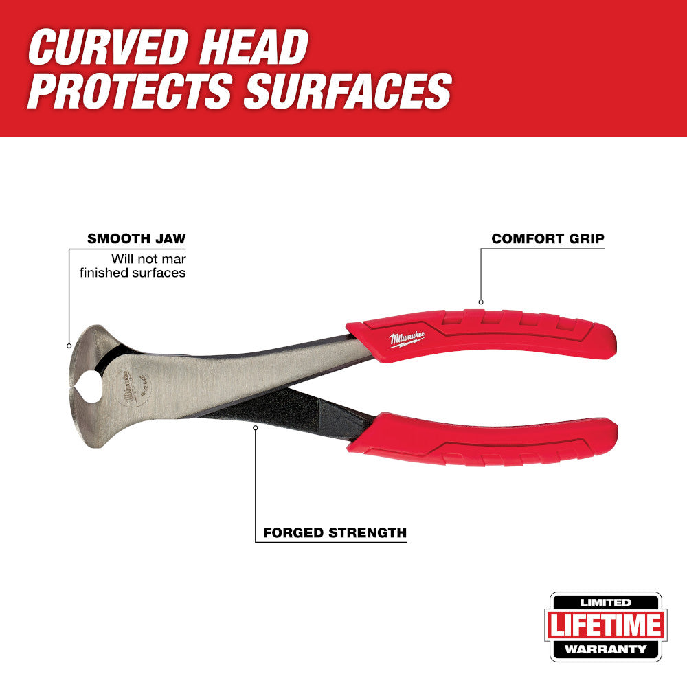 Milwaukee 7-inch nipping pliers with curved head, smooth jaw, black forged steel blades, and red comfort grip handles.