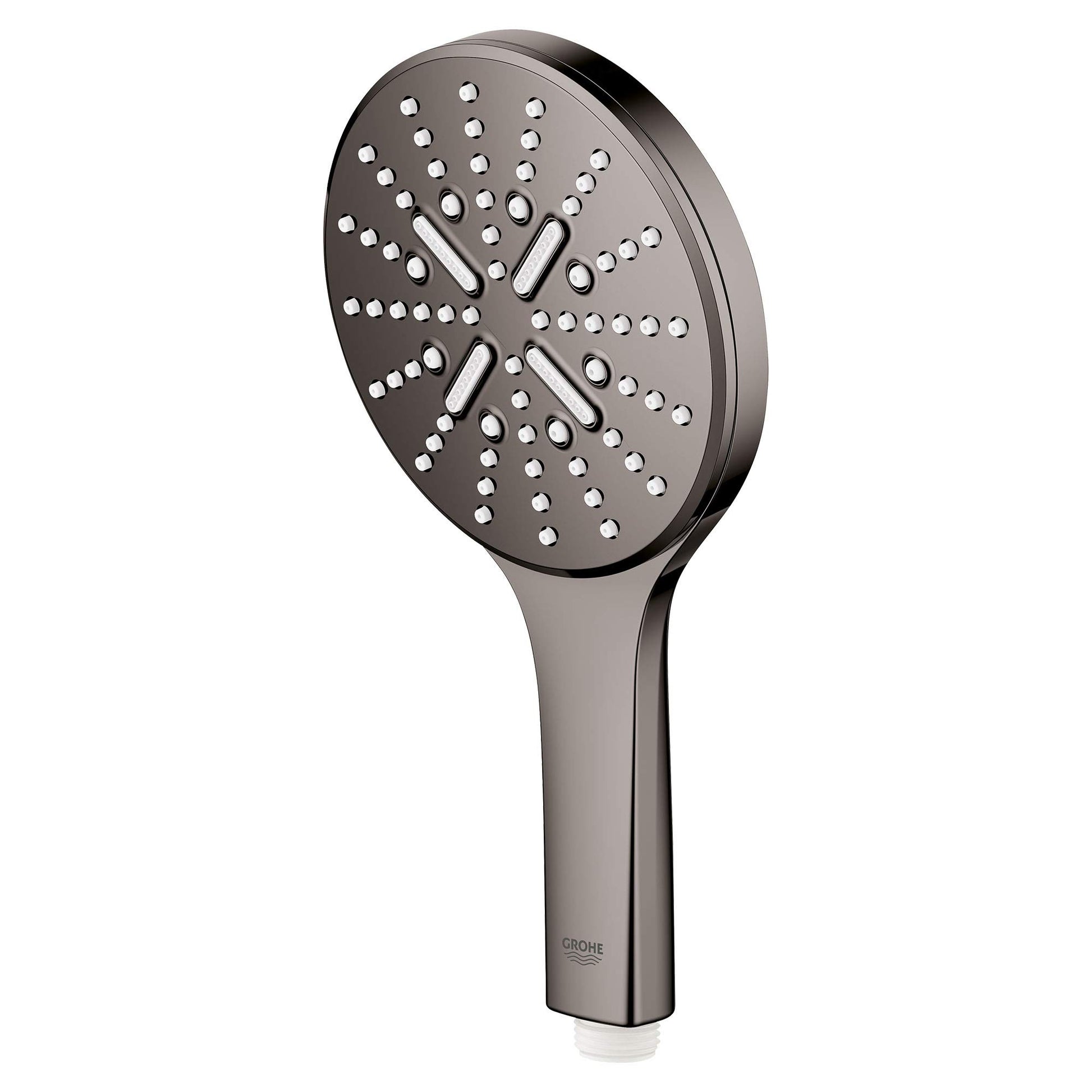 Dark graphite hand shower with circular spray head featuring multiple jets and four spray slots, ergonomic handle with Grohe 