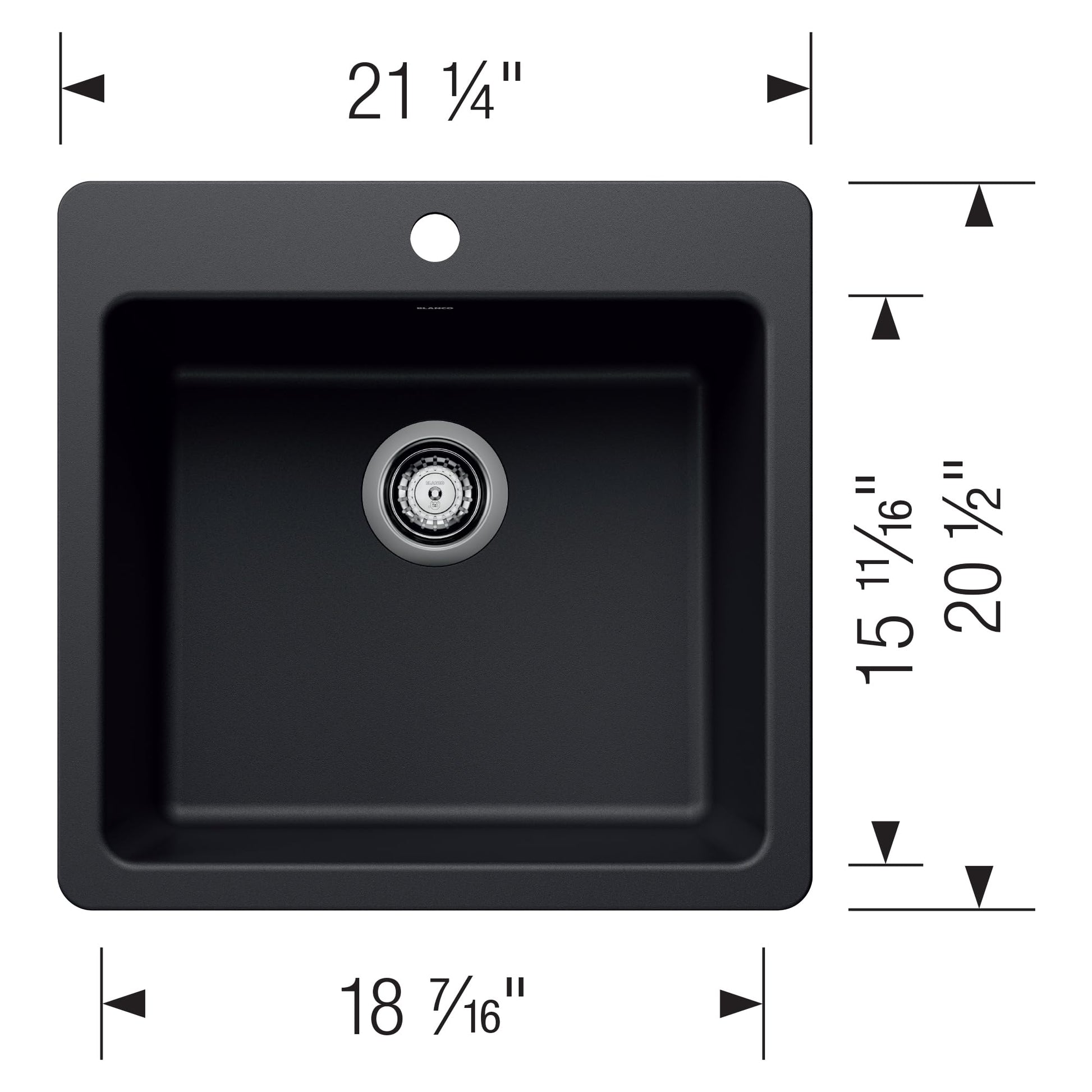 Coal black single bowl kitchen sink with rounded corners, drain, and dimensions marked as 21 1/4" wide by 20 1/2" deep.