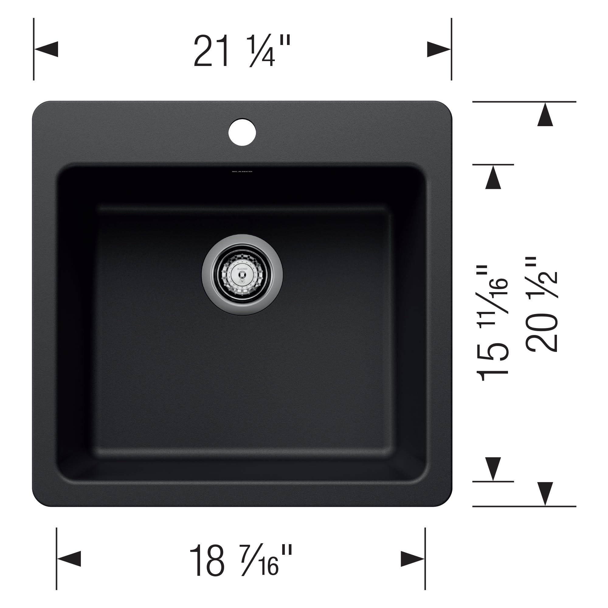 Coal black single bowl kitchen sink with rounded corners, drain, and dimensions marked as 21 1/4" wide by 20 1/2" deep.