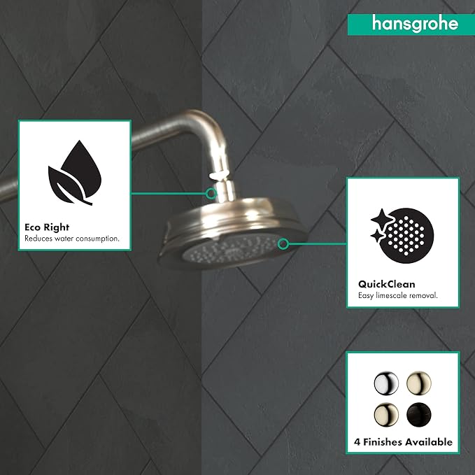 Brushed nickel circular shower head with curved arm mounted on dark tile wall.