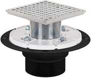 Chrome shower pan drain with square grid strainer, threaded connector, white collar ring, and black base.