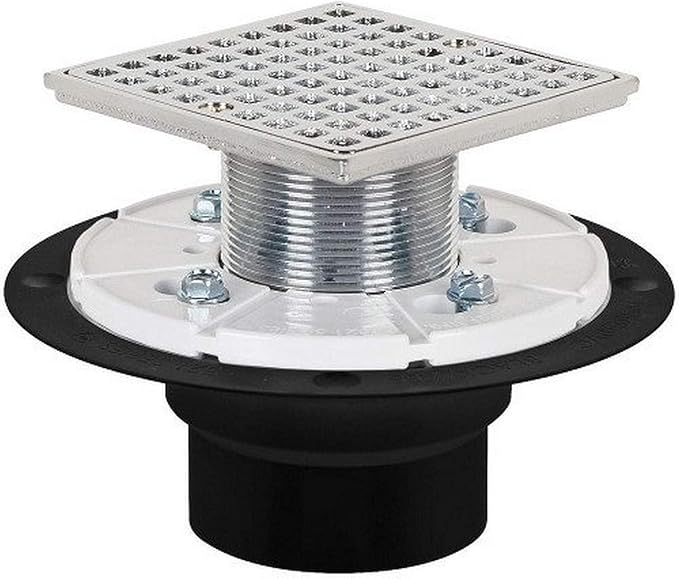 Chrome shower pan drain with square grid strainer, threaded connector, white collar ring, and black base.