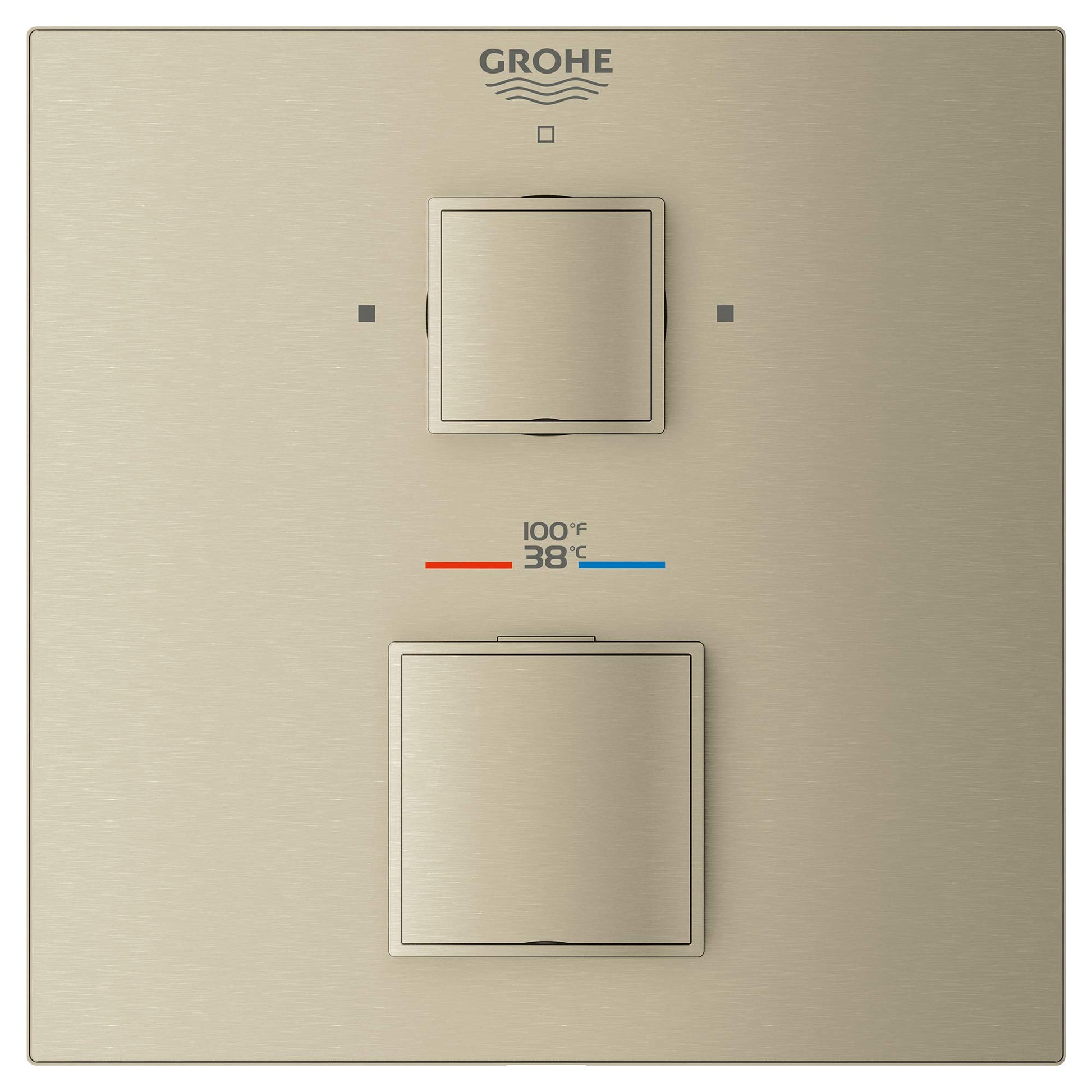 Grohe brushed nickel thermostatic valve trim with two square handles and temperature display showing 38°C.