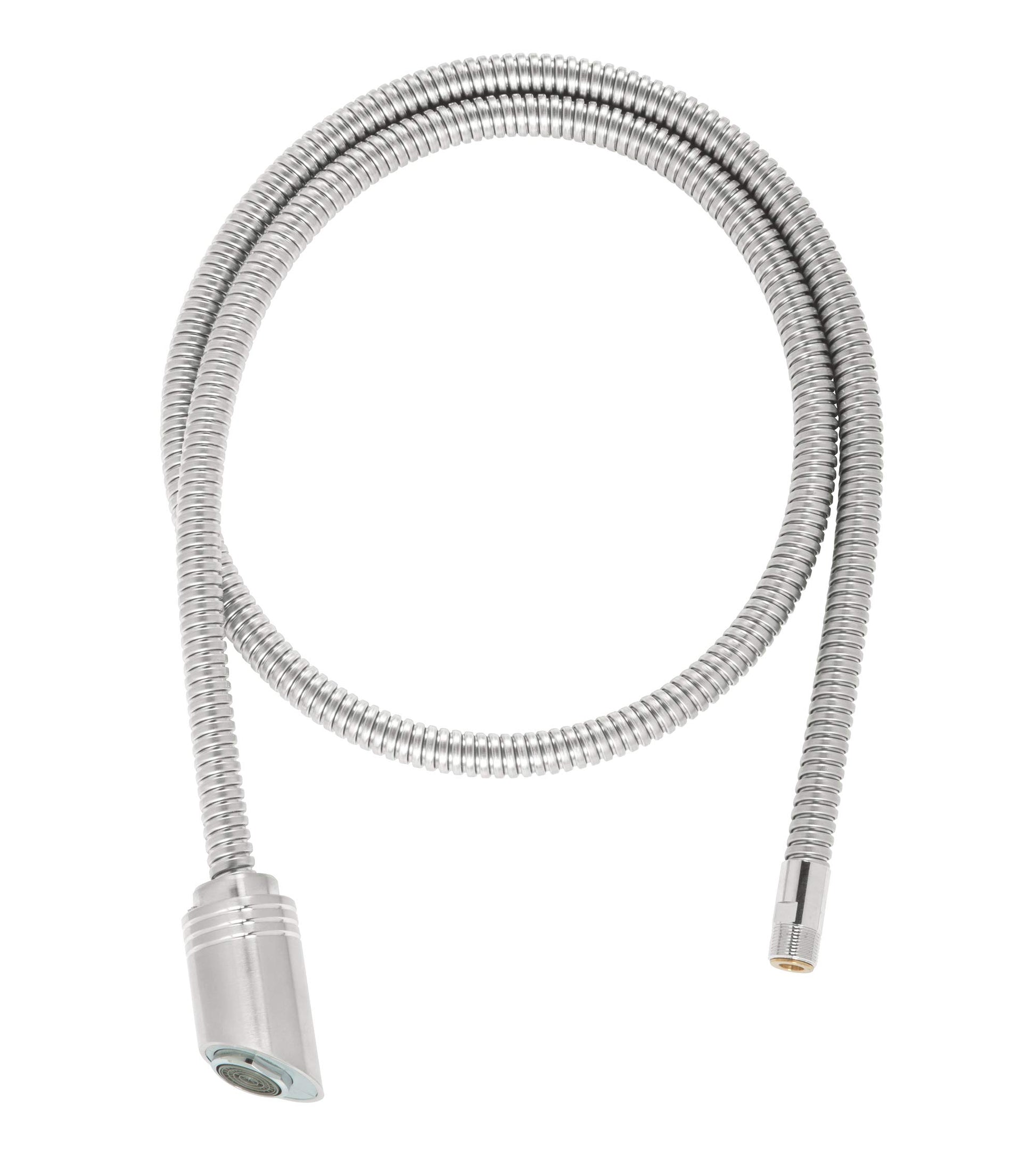 Brushed stainless steel extractable shower hose with showerhead attachment and flexible tubing.