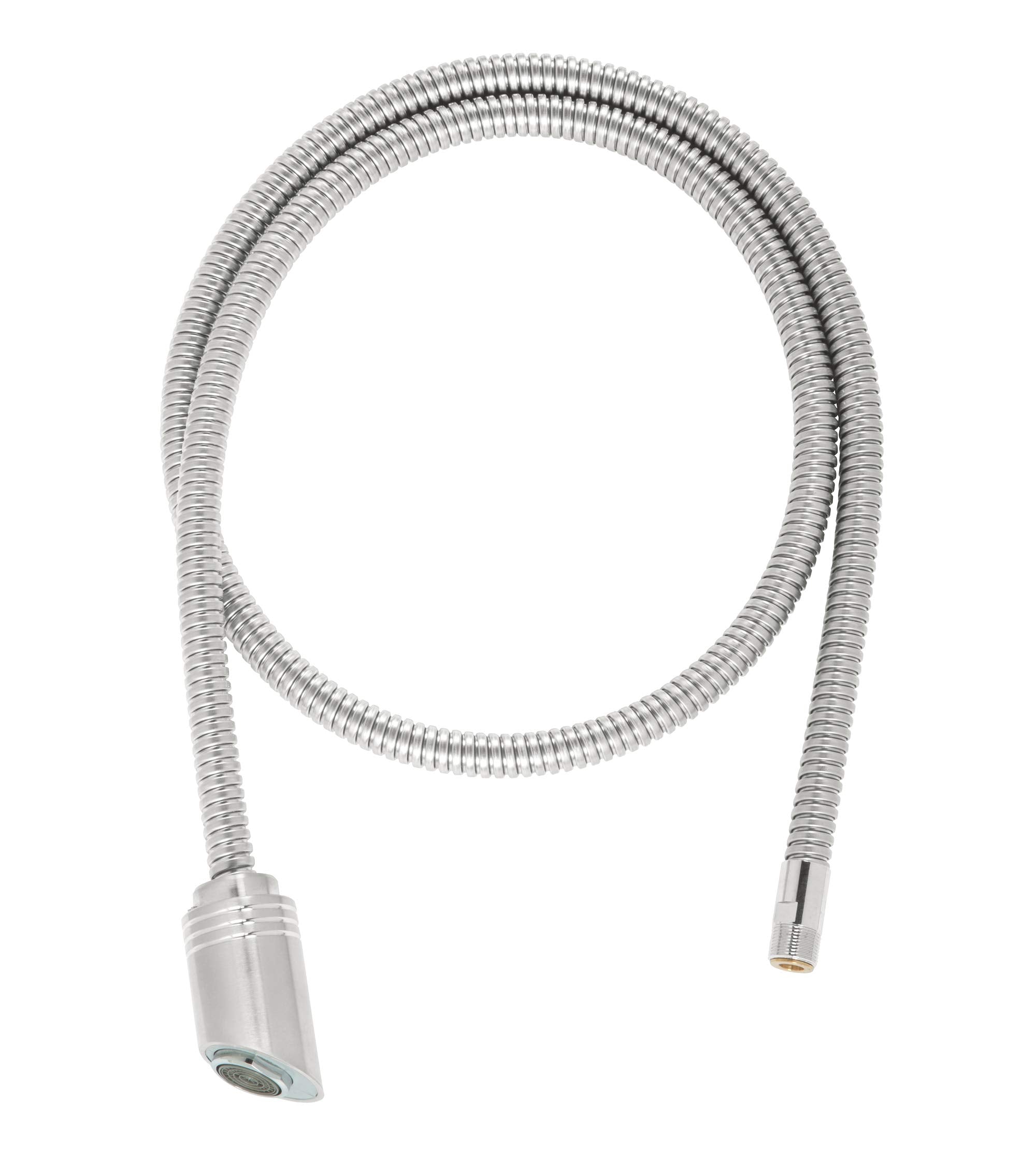 Brushed stainless steel extractable shower hose with showerhead attachment and flexible tubing.