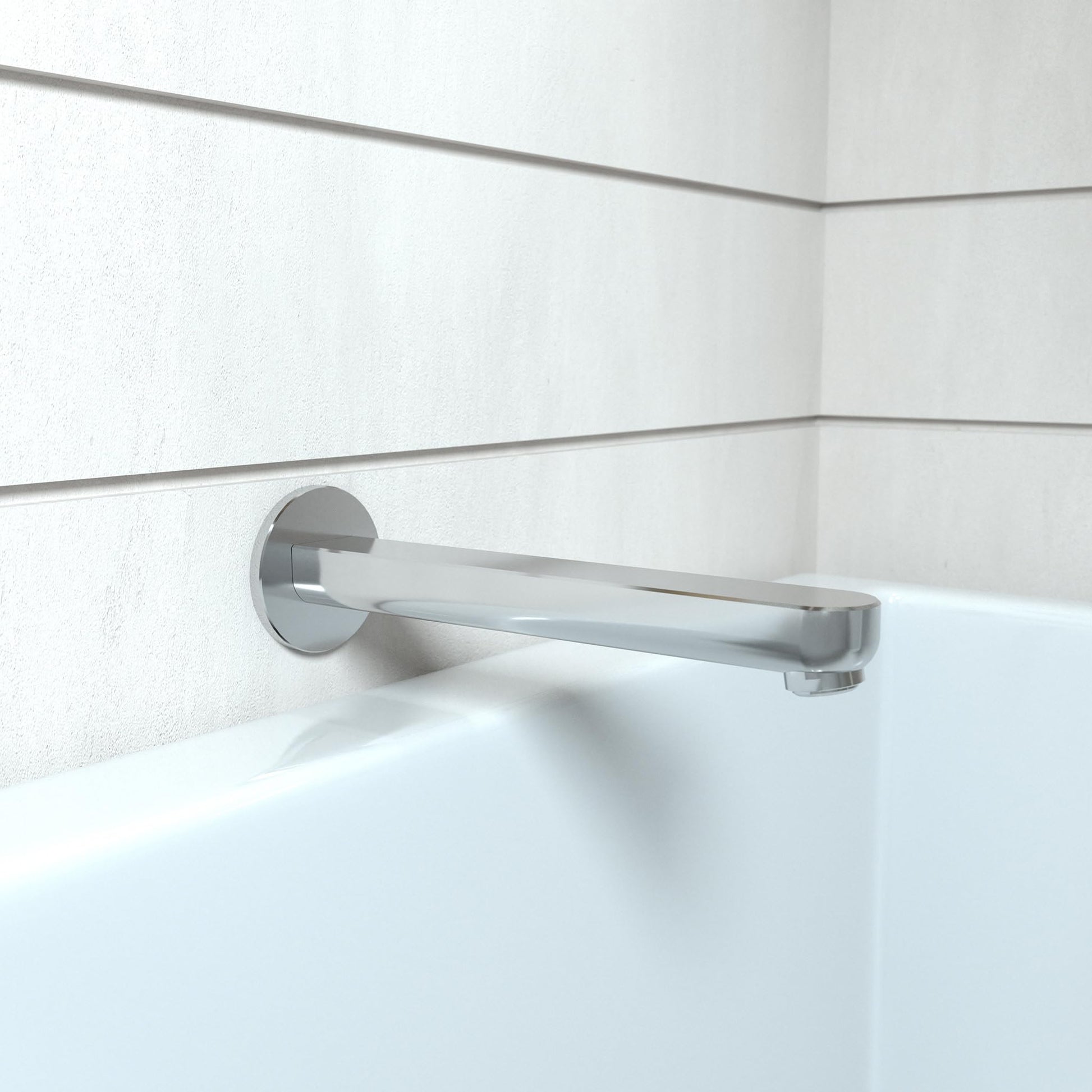 Chrome tub spout with cylindrical tapered design mounted horizontally on white tile bathroom wall above bathtub.
