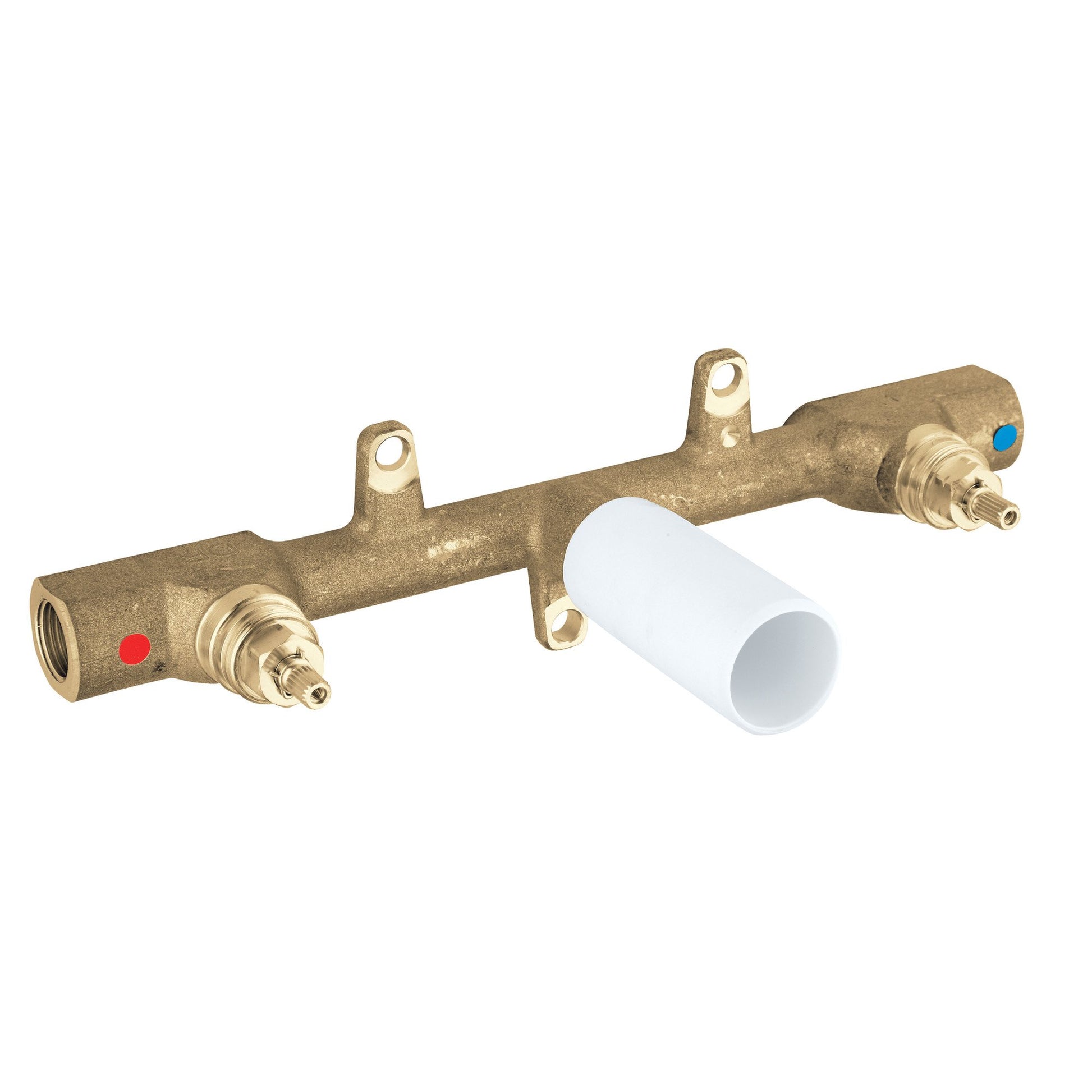 Brass wall-mount rough-in valve with three connection ports, red and blue indicator dots, and white plastic sleeve.