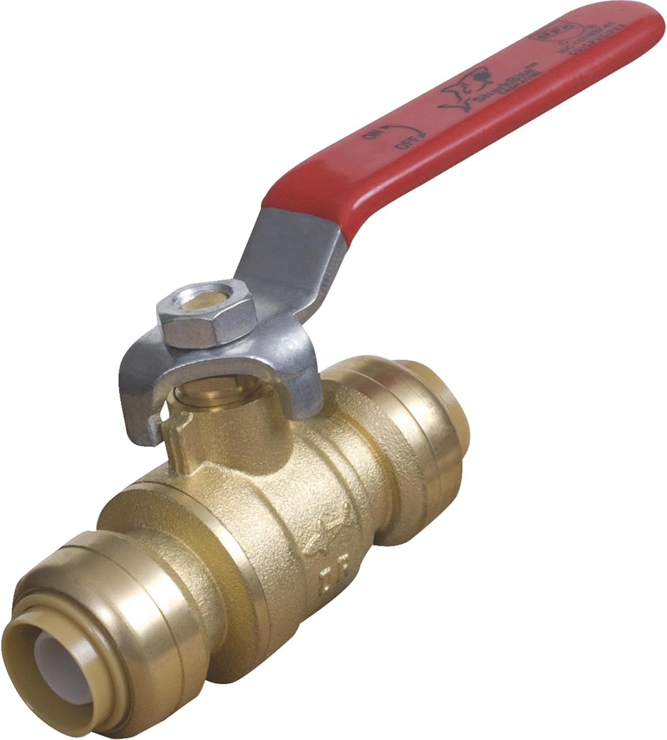 Brass push-to-connect ball valve with red lever handle and gray metal body, 3/4" size.