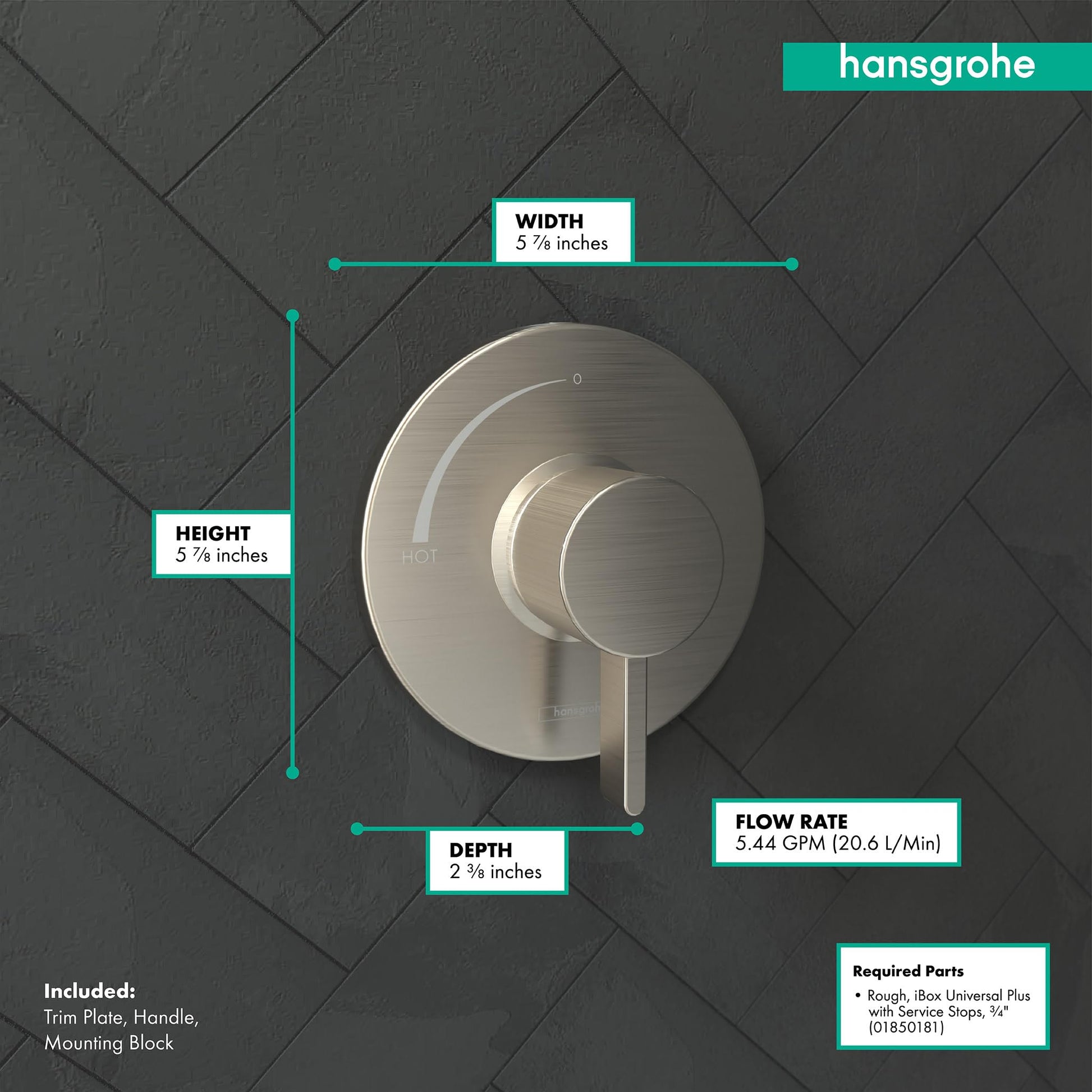Brushed nickel circular pressure balance valve trim with handle and escutcheon plate mounted on dark tile wall.