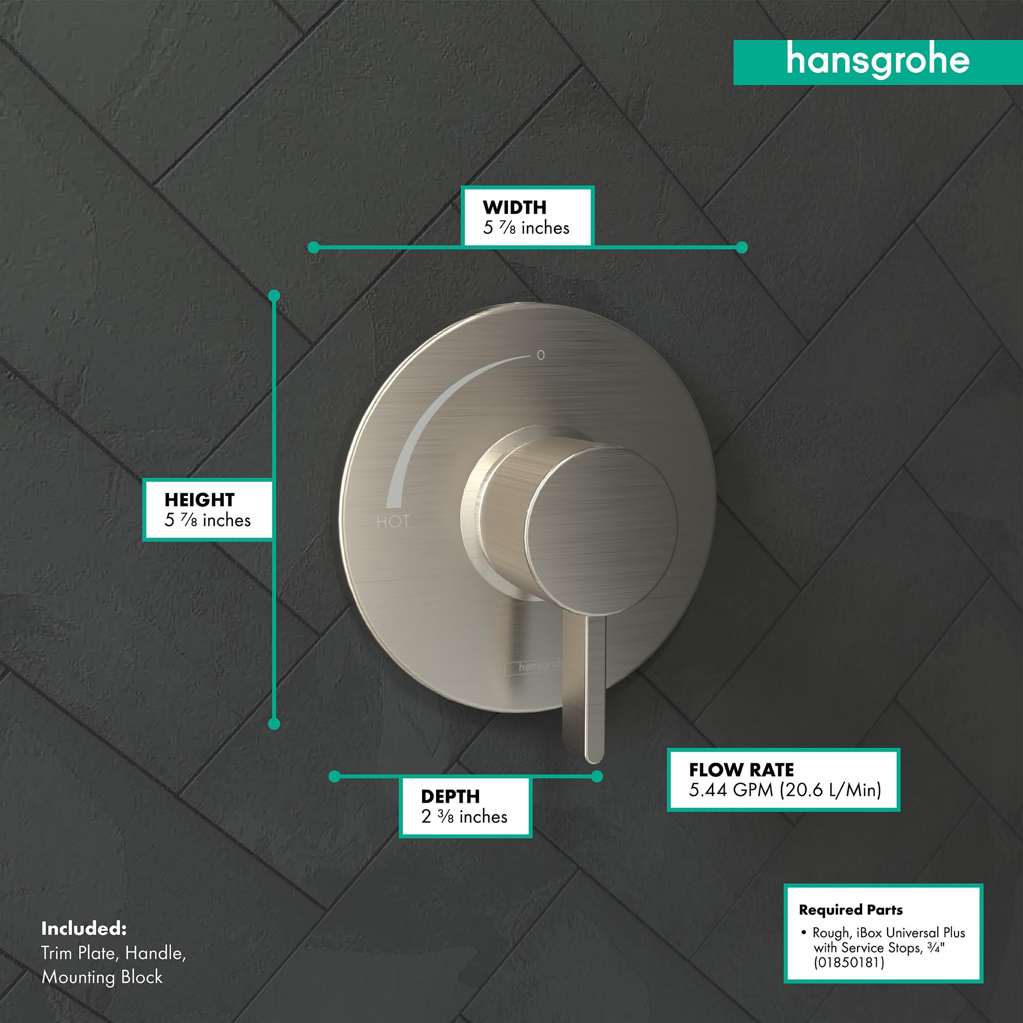 Brushed nickel circular pressure balance valve trim with handle and escutcheon plate mounted on dark tile wall.